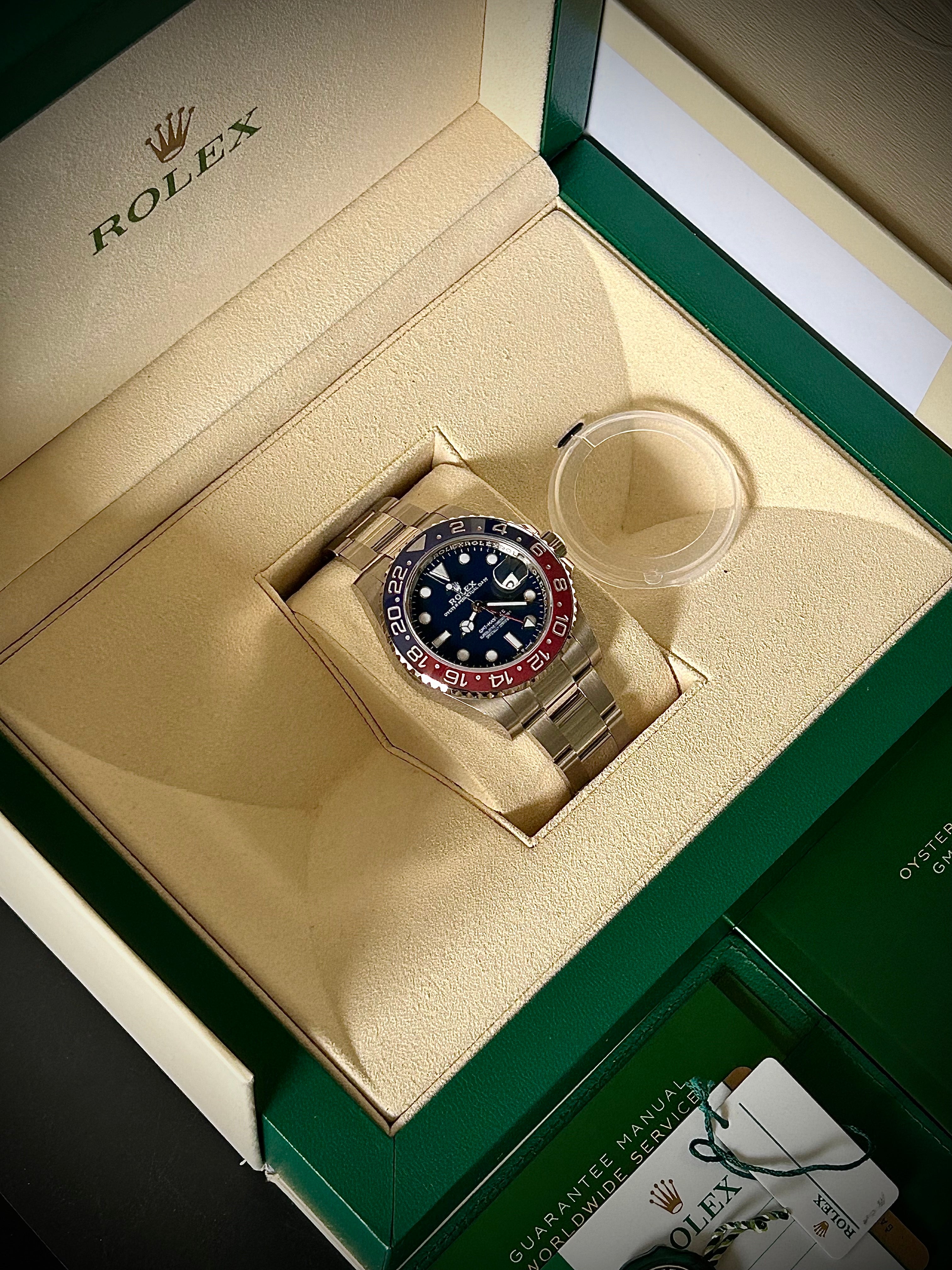 2019 ROLEX GMT MASTER II, PEPSI, WHITE GOLD, BLUE DIAL, 126719BLRO, FULL SET, INC GST