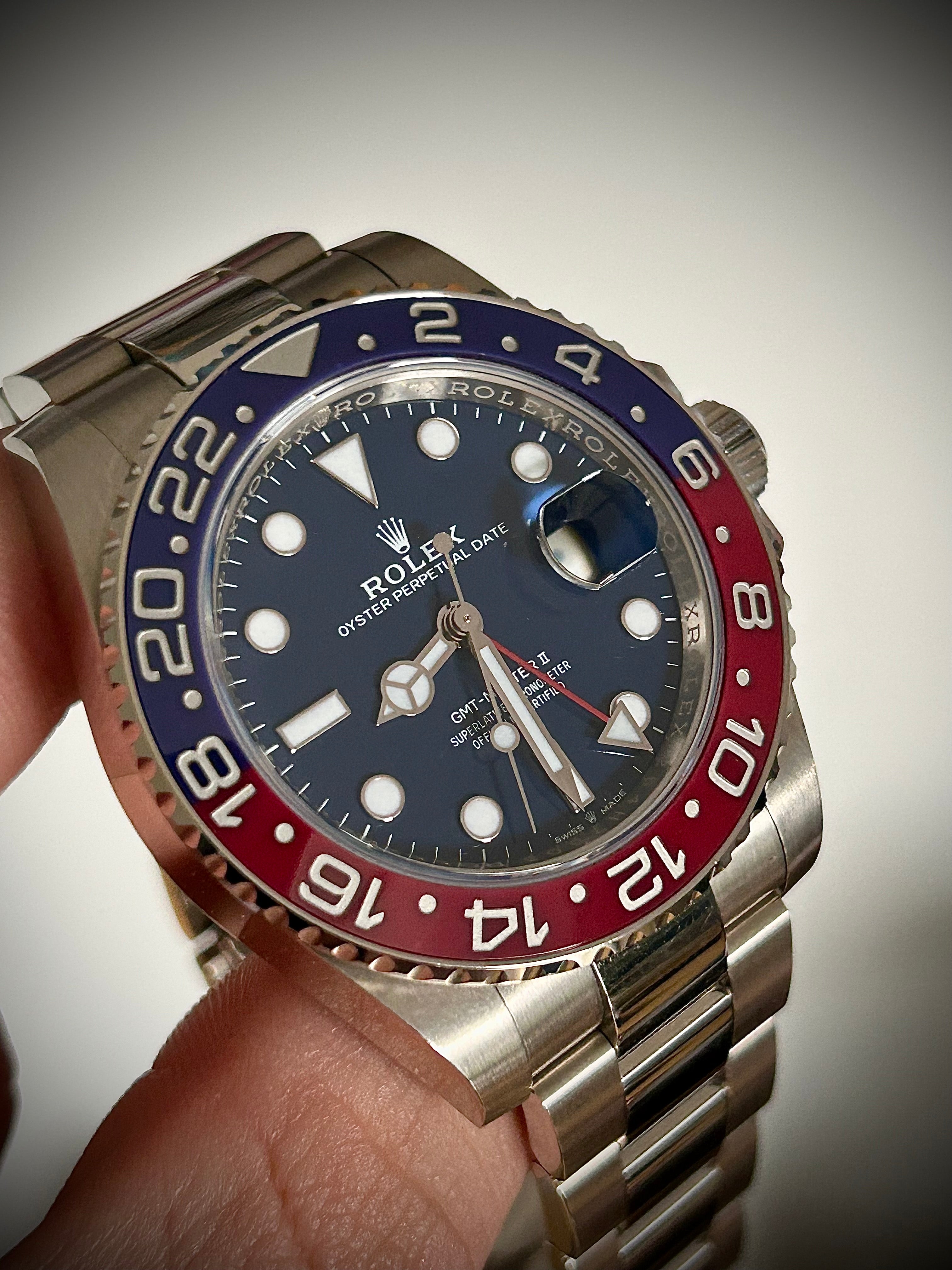 2019 ROLEX GMT MASTER II, PEPSI, WHITE GOLD, BLUE DIAL, 126719BLRO, FULL SET, INC GST