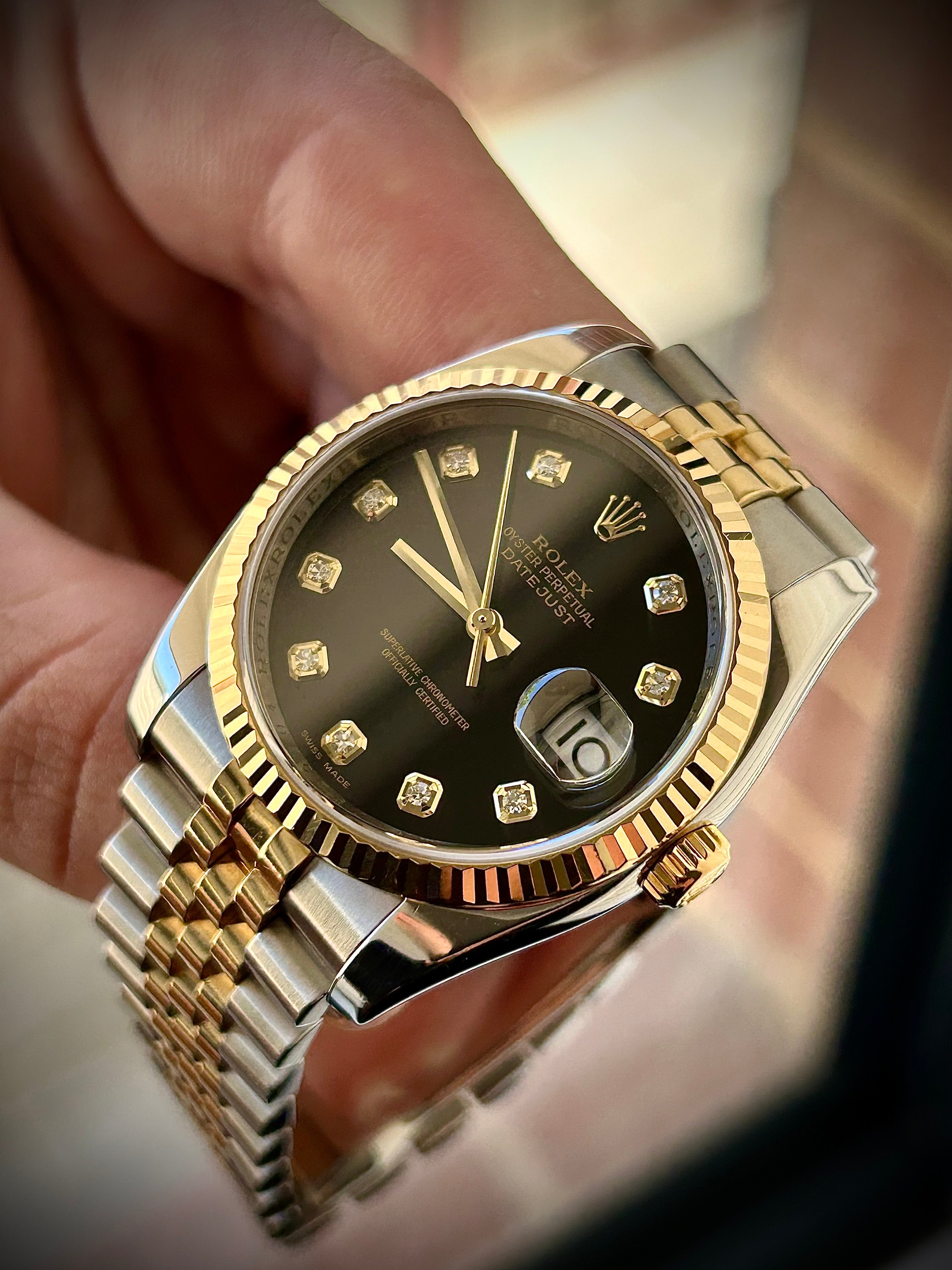 2006 ROLEX DATEJUST 36, 116233, BLACK DIAMOND DIAL, BOX AND PAPERS, INC GST