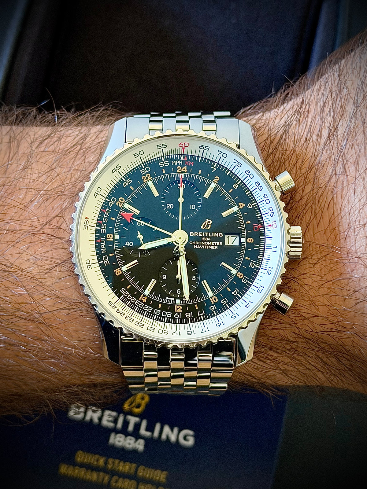 2020 BREITLING NAVITIMER WORLD, A24322, BLACK DIAL, STEEL BRACELET, BOX & PAPERS, INC GST