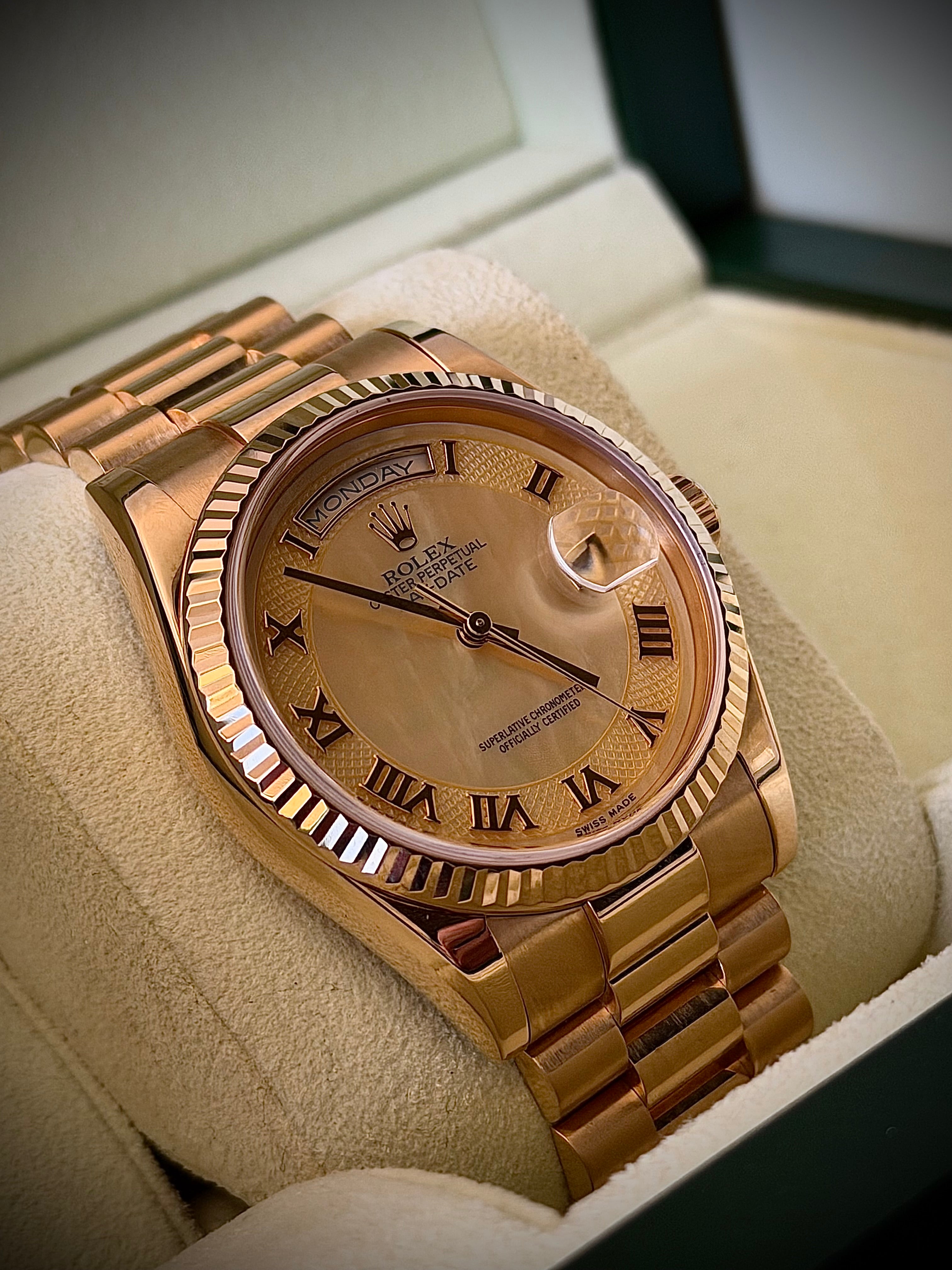 2001 ROLEX DAY-DATE PRESIDENT, 118238, FACTORY SECTOR MOTHER OF PEARL DIAL, BOX AND BOOKLETS W/ORIGINAL RECEIPT, INC GST