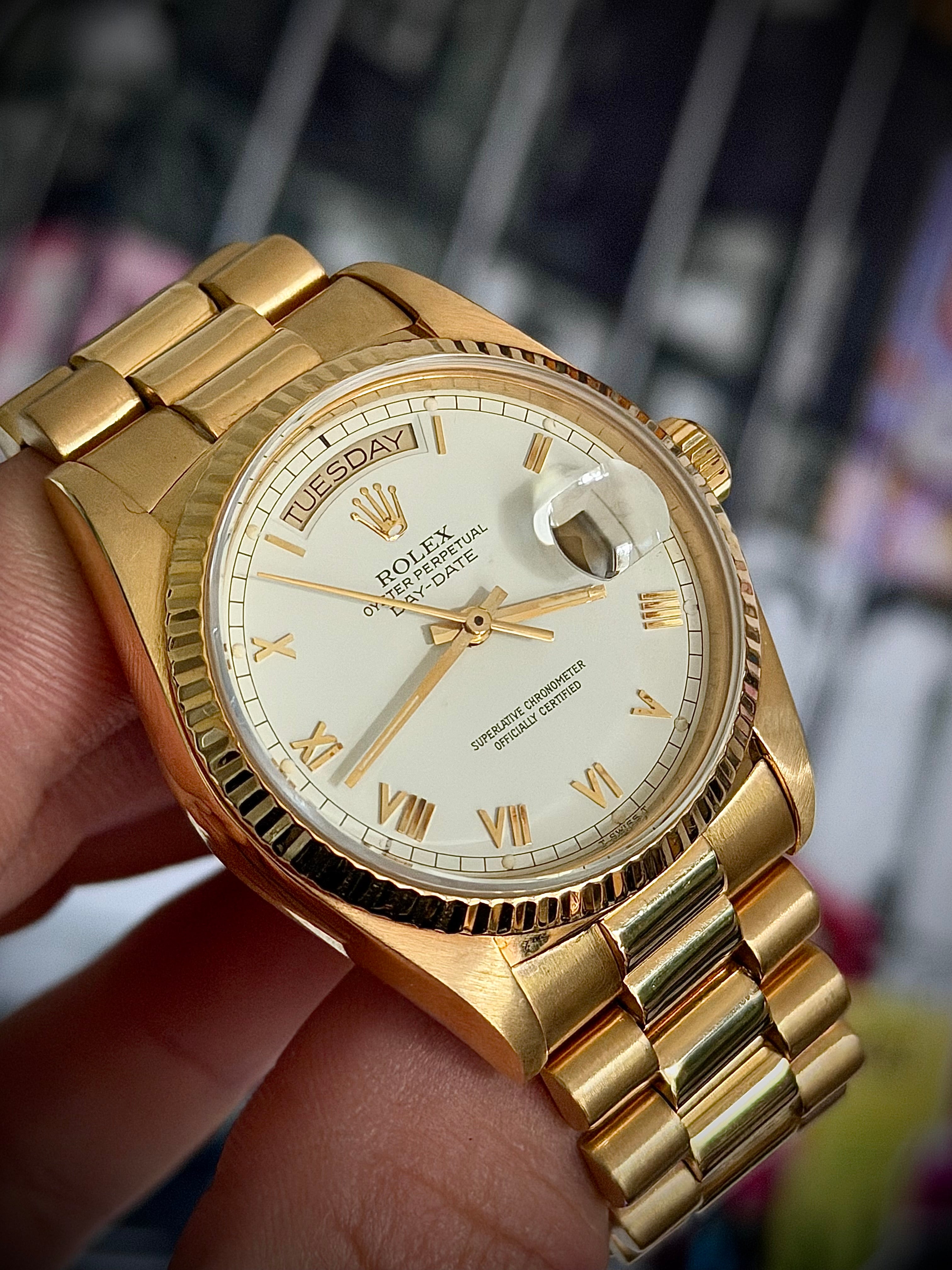 1987 ROLEX DAY DATE 36, 18038, WHITE ROMAN DIAL, FULL SET, INC GST