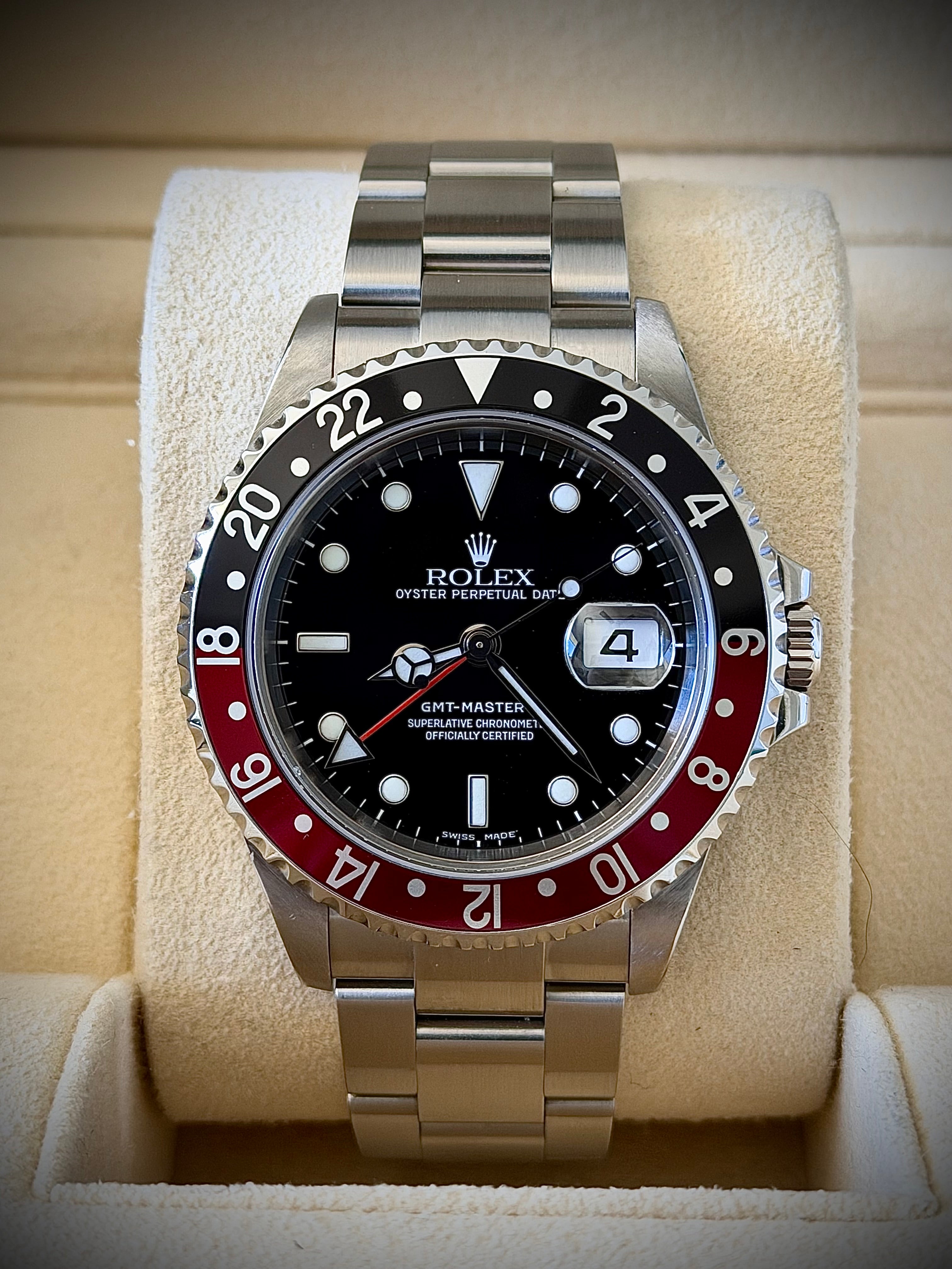 2005 ROLEX GMT-MASTER II “COKE”, NO HOLES, SEL, 16710, FULL SET, INC GST