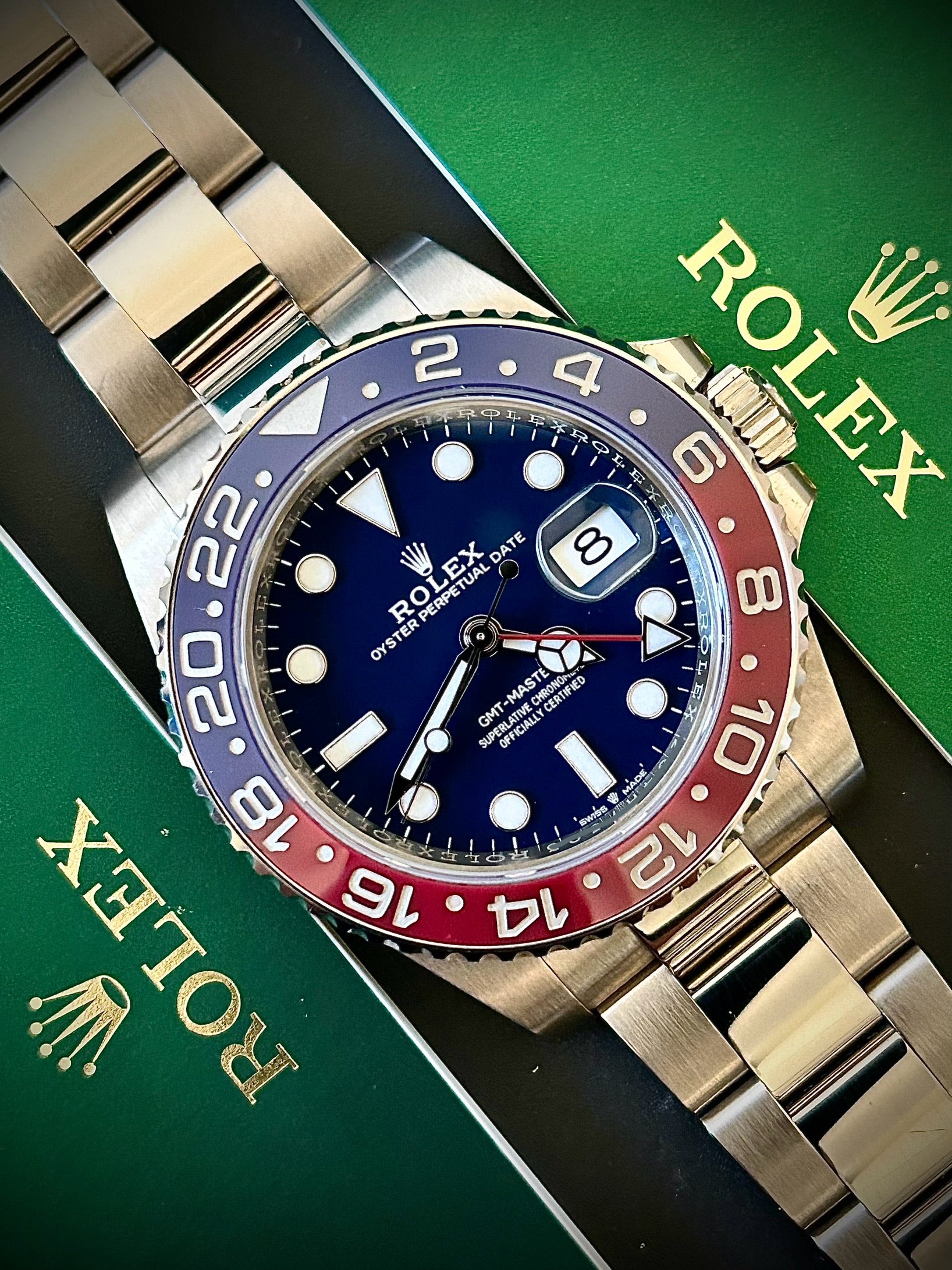 2019 ROLEX GMT MASTER II, PEPSI, WHITE GOLD, BLUE DIAL, 126719BLRO, FULL SET, INC GST