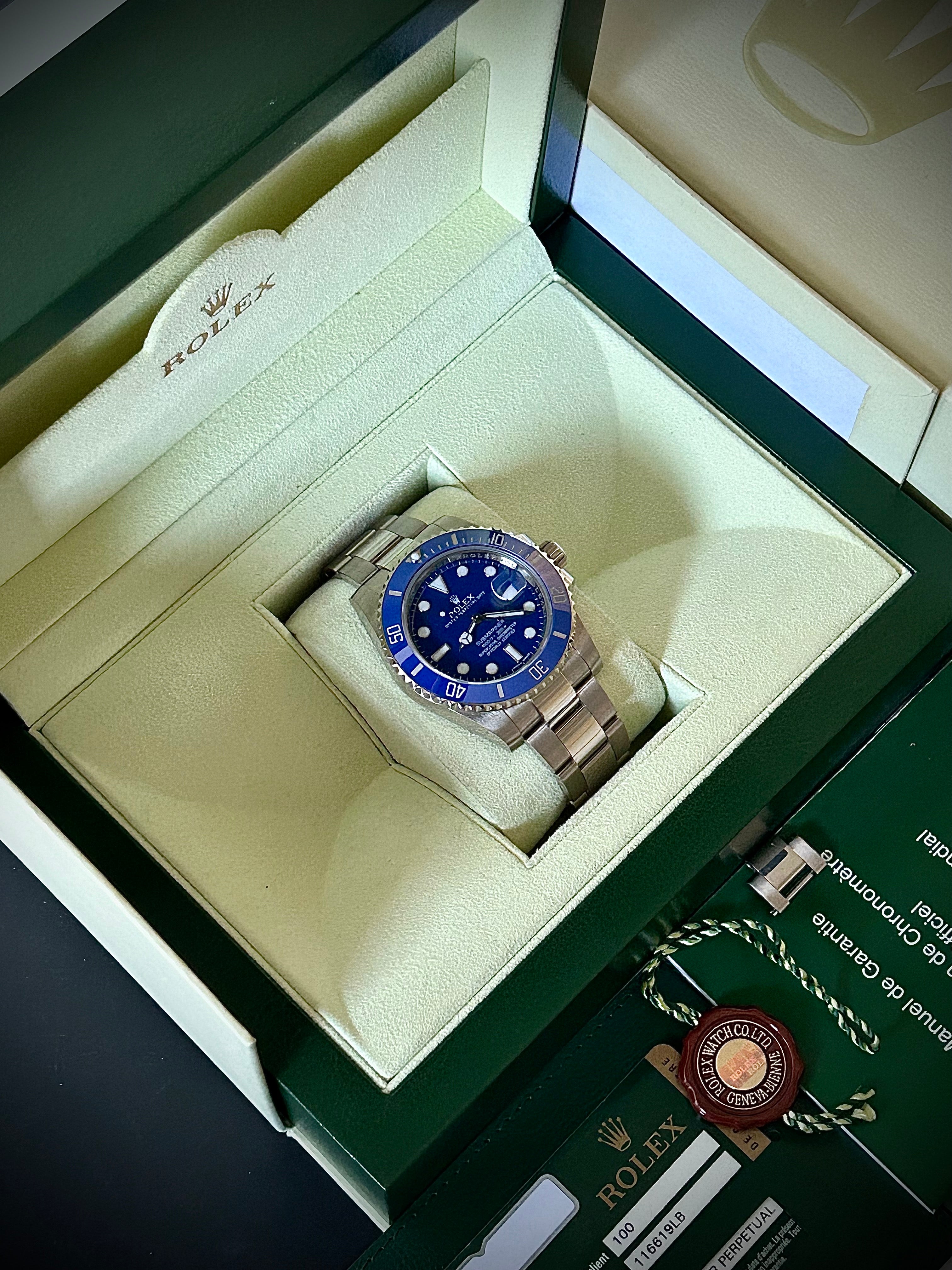 2013 ROLEX SUBMARINER DATE, 116619LB, SMURF, FULL SET, INC GST