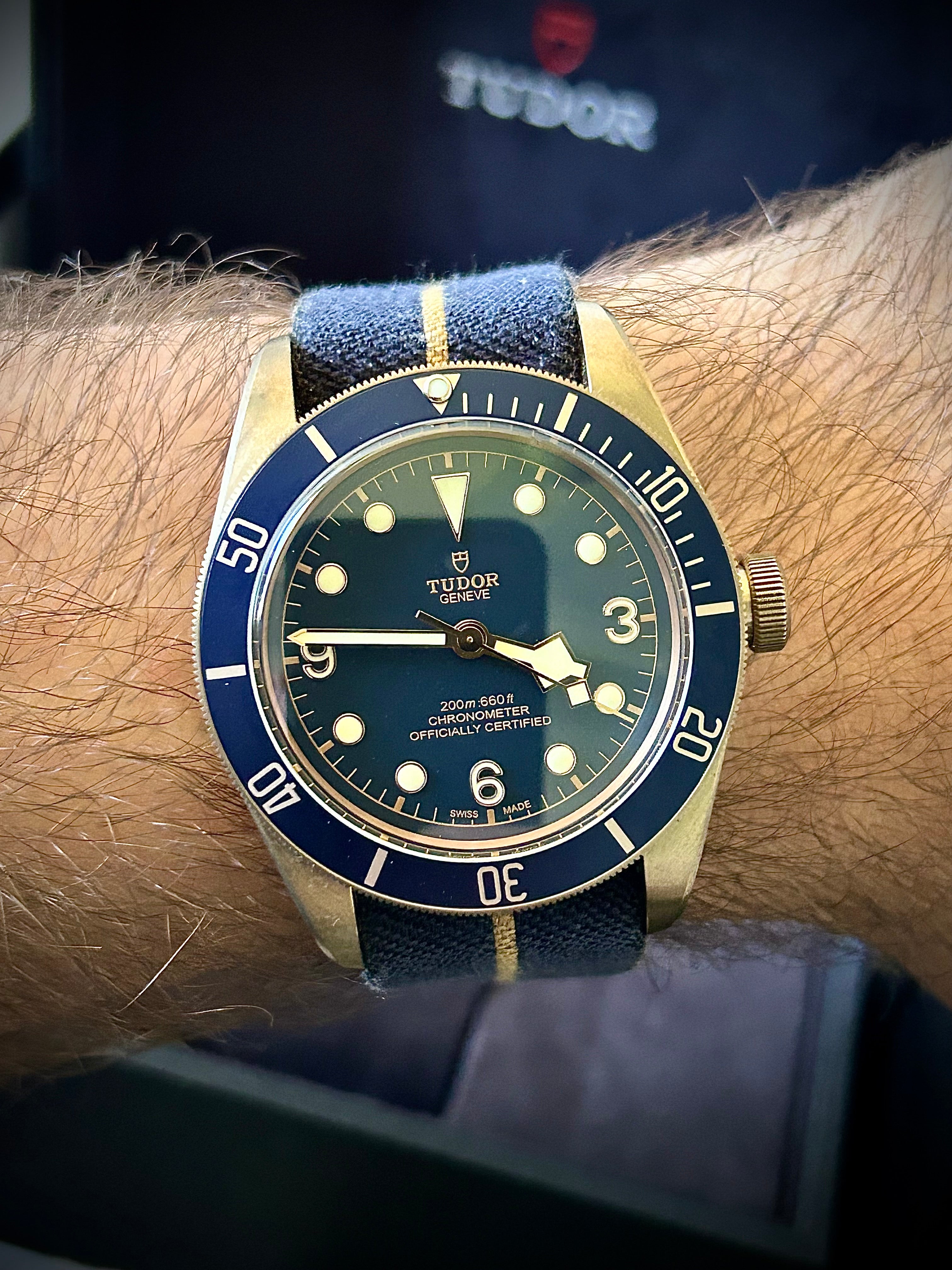 2018 TUDOR BLACK BAY BRONZE, BUCHERER BLUE, 79250BB, FULL SET, INC GST