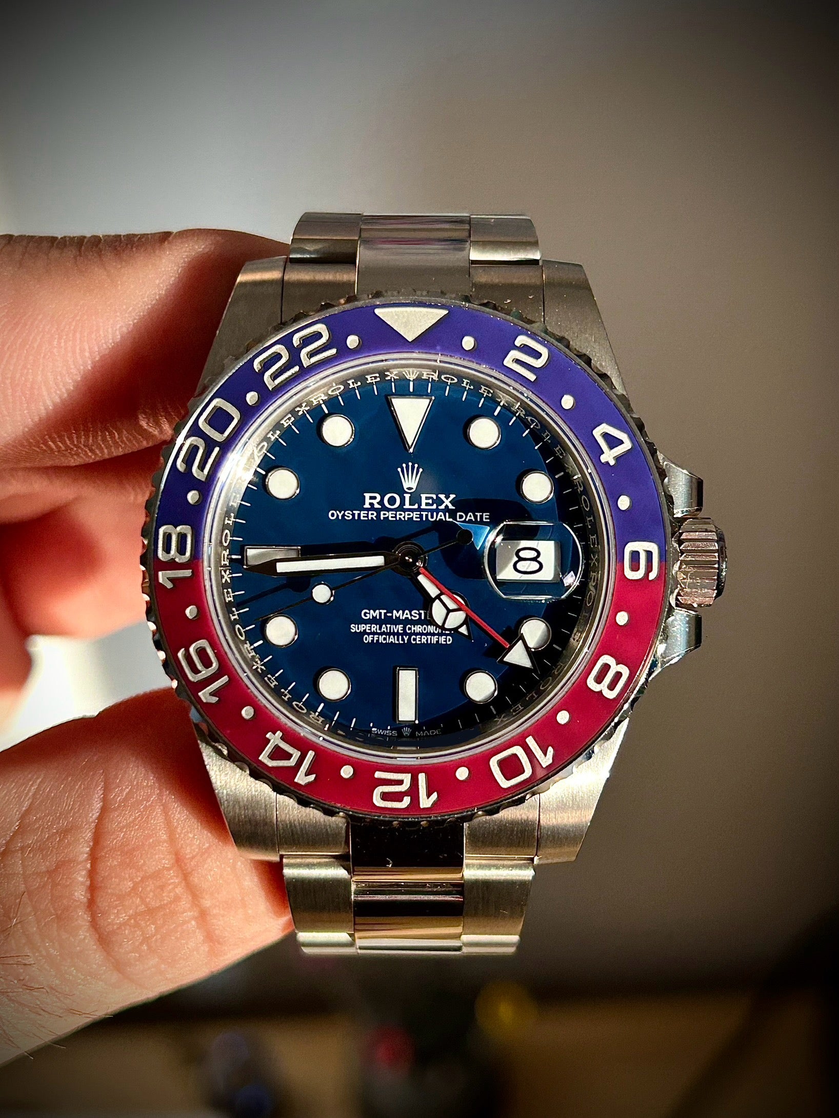 2019 ROLEX GMT MASTER II, PEPSI, WHITE GOLD, BLUE DIAL, 126719BLRO, FULL SET, INC GST