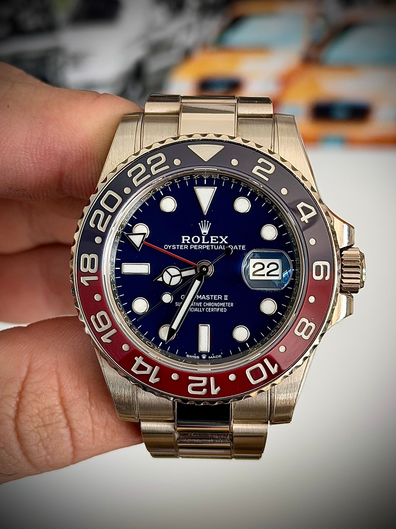 2020 ROLEX GMT MASTER II, PEPSI, WHITE GOLD, BLUE DIAL, 126719BLRO, FULL SET, INC GST