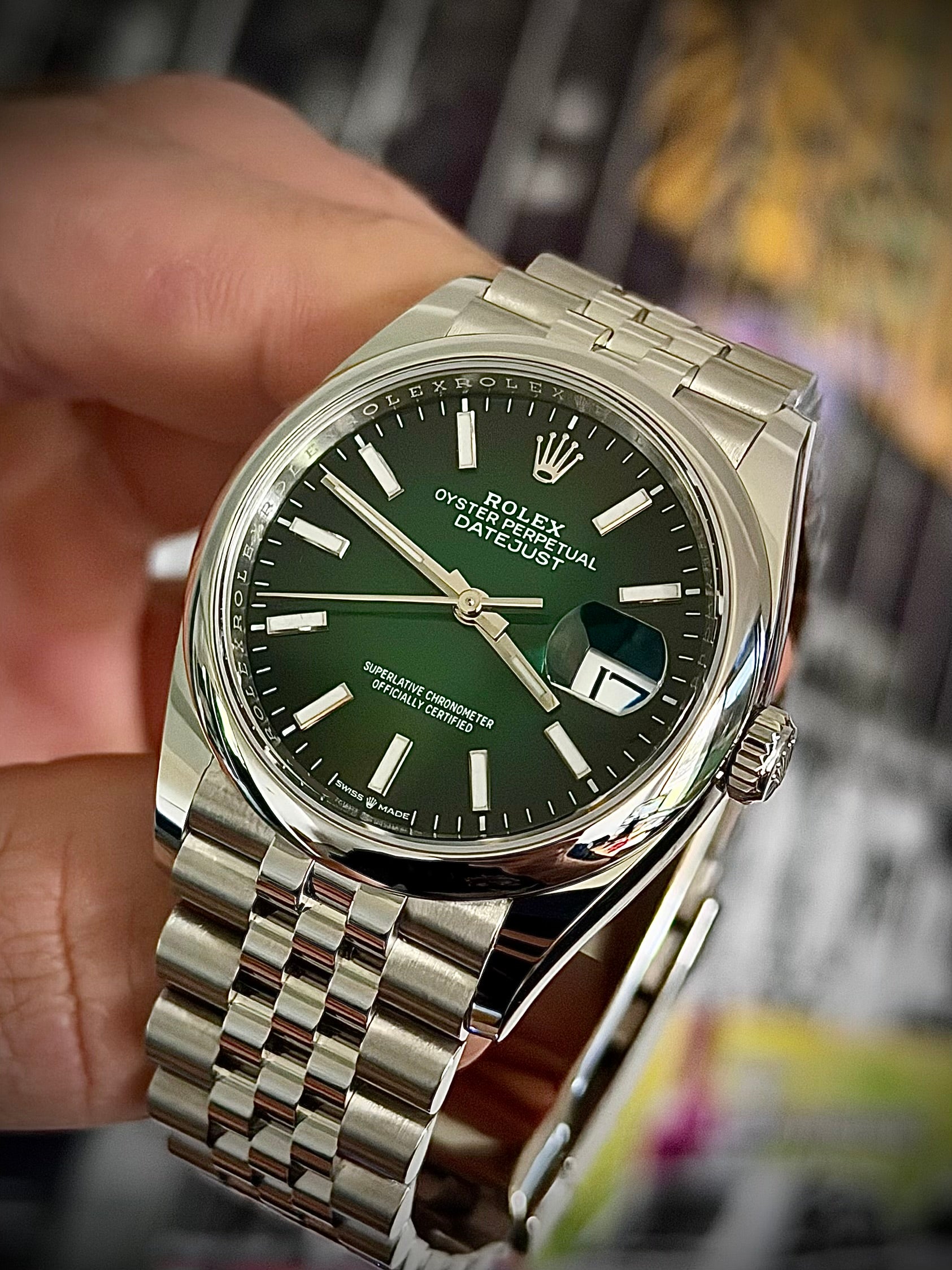2026 ROLEX DATEJUST 36, 126200, GREEN OMBRÉ DIAL, SMOOTH BEZEL, JUBILEE BRACELET, AS NEW, FULL SET, INC GST
