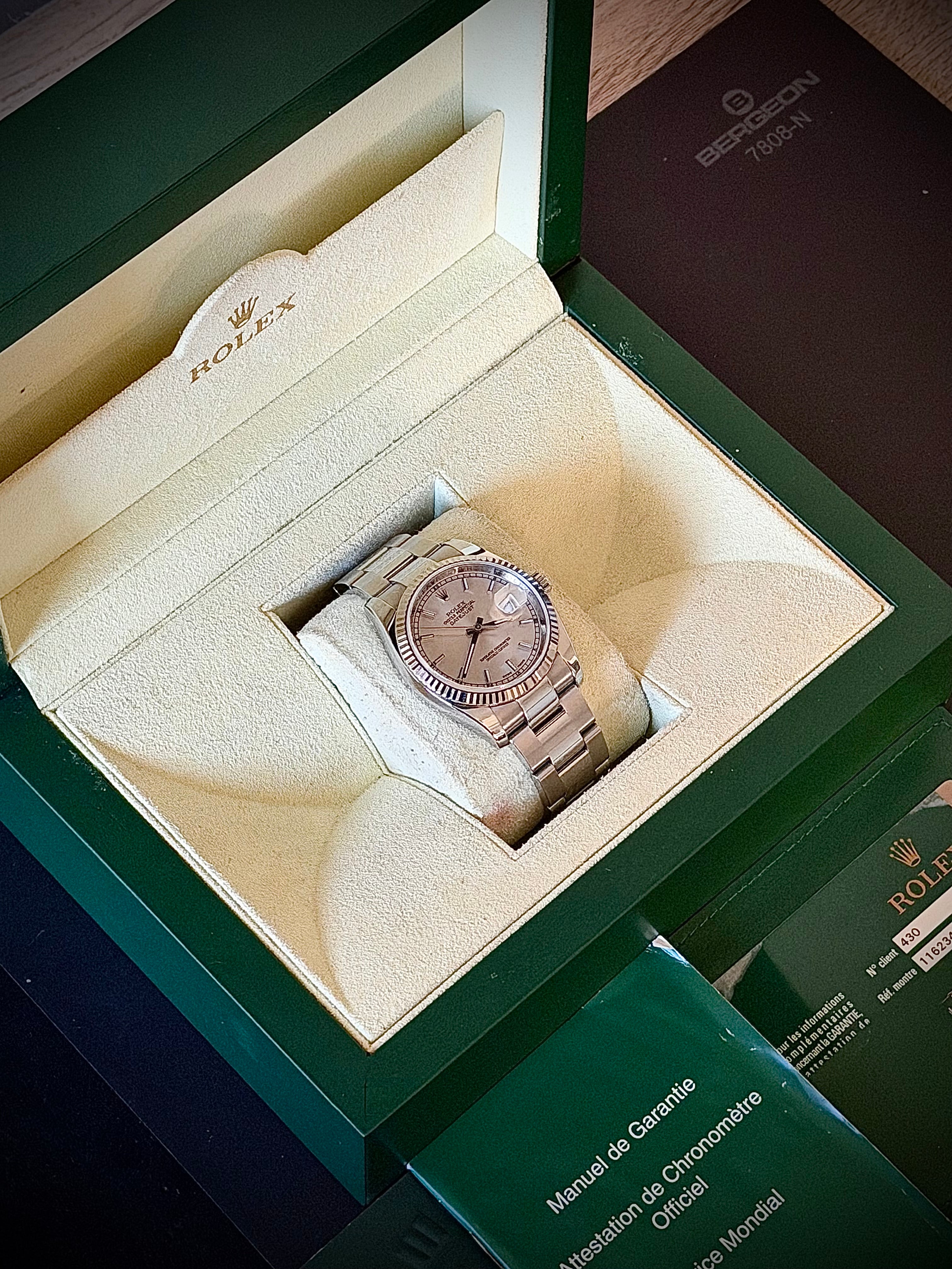 2009 ROLEX DATEJUST 36, 116234, FLUTED BEZEL, OYSTER BRACELET, SILVER DIAL, BOX & PAPERS, INC GST