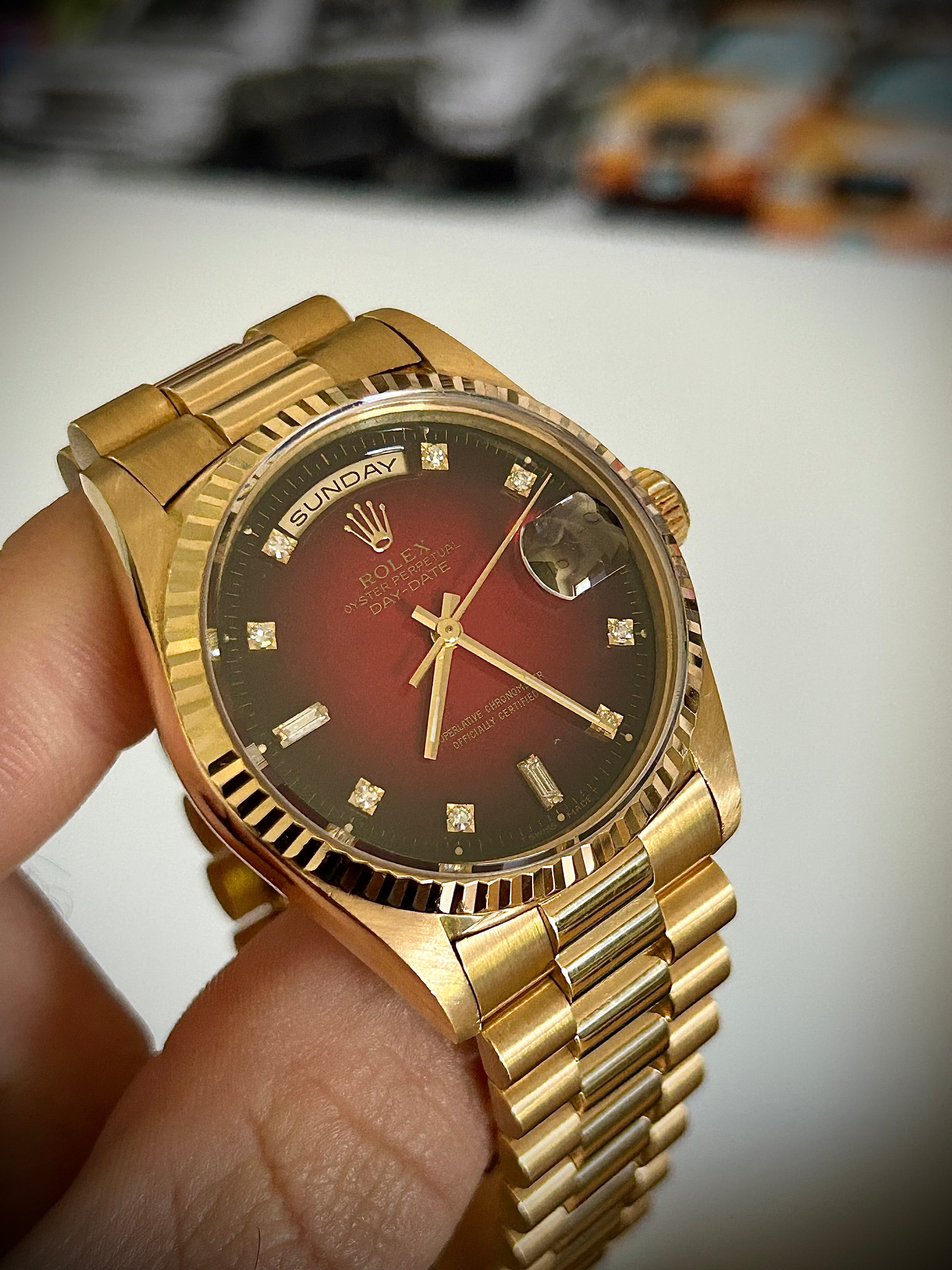 1988 ROLEX DAY-DATE, 18238, DOUBLE QUICK SET, RARE DIAMOND VIGNETTE DIAL, WATCH AND BOX, INC GST