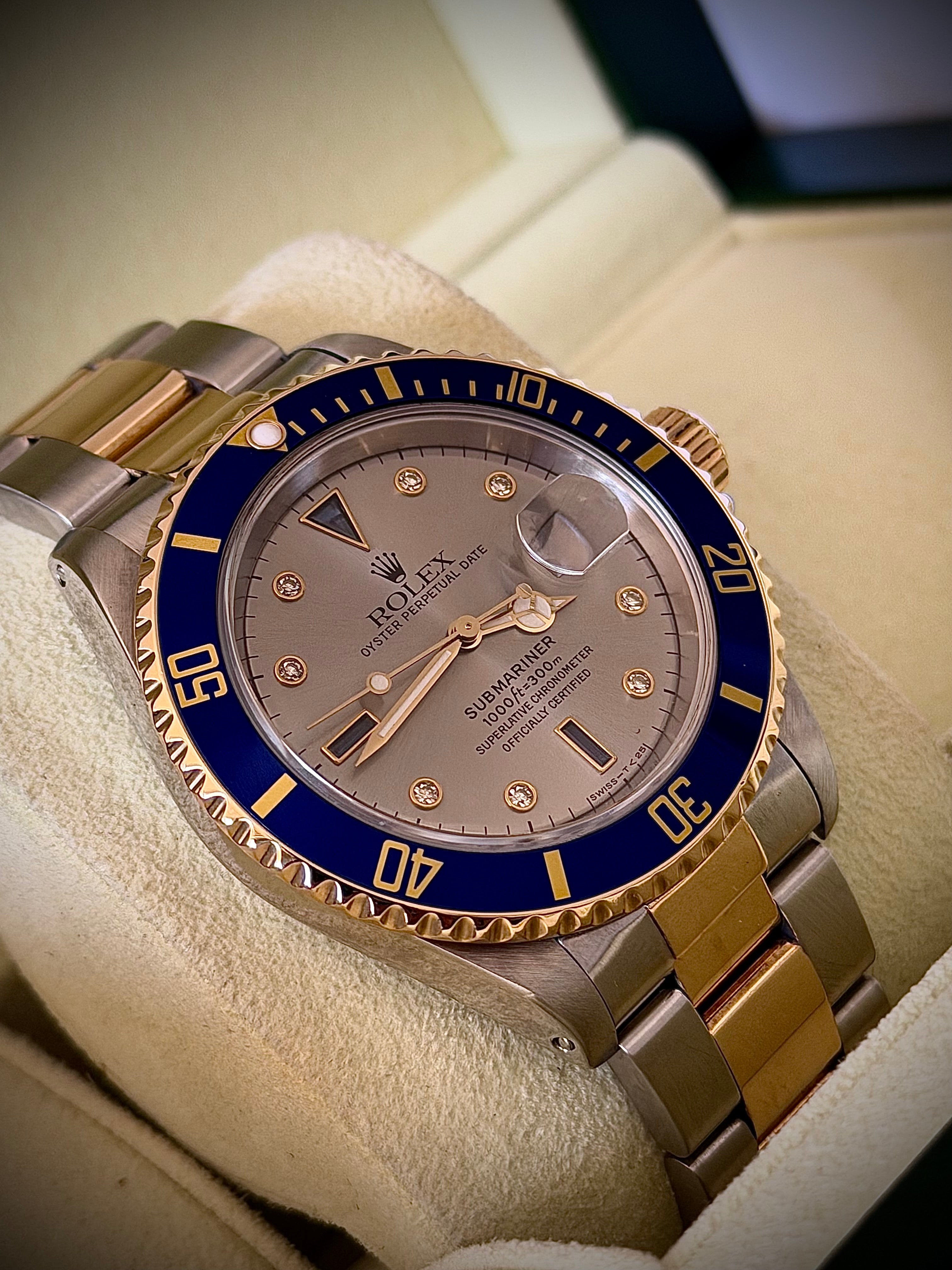 1996 ROLEX SUBMARINER, 16613, SERTI SILVER DIAMOND DIAL, BOX & 2020 RSC, INC GST