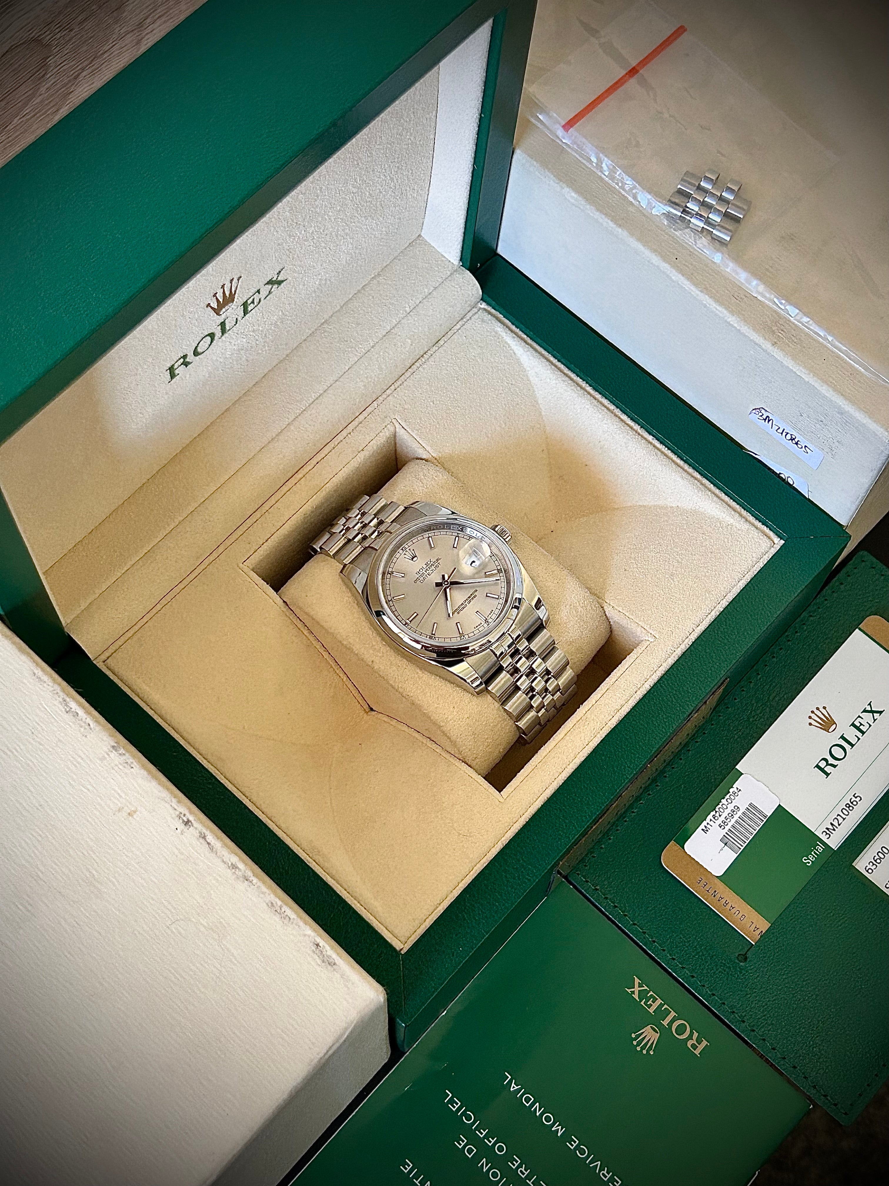 2015 ROLEX DATE JUST 36, SUPER JUBILEE, 116200, BOX AND PAPERS, INC GST