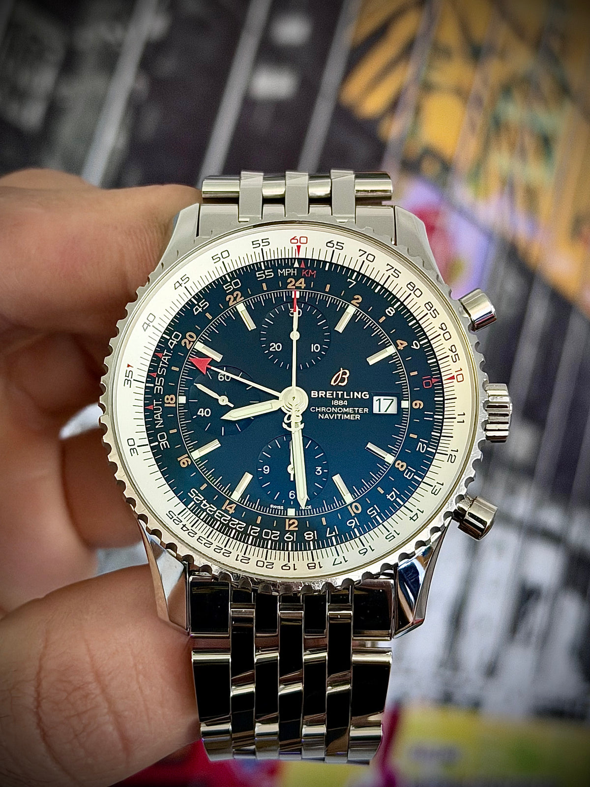 2020 BREITLING NAVITIMER WORLD, A24322, BLACK DIAL, STEEL BRACELET, BOX & PAPERS, INC GST