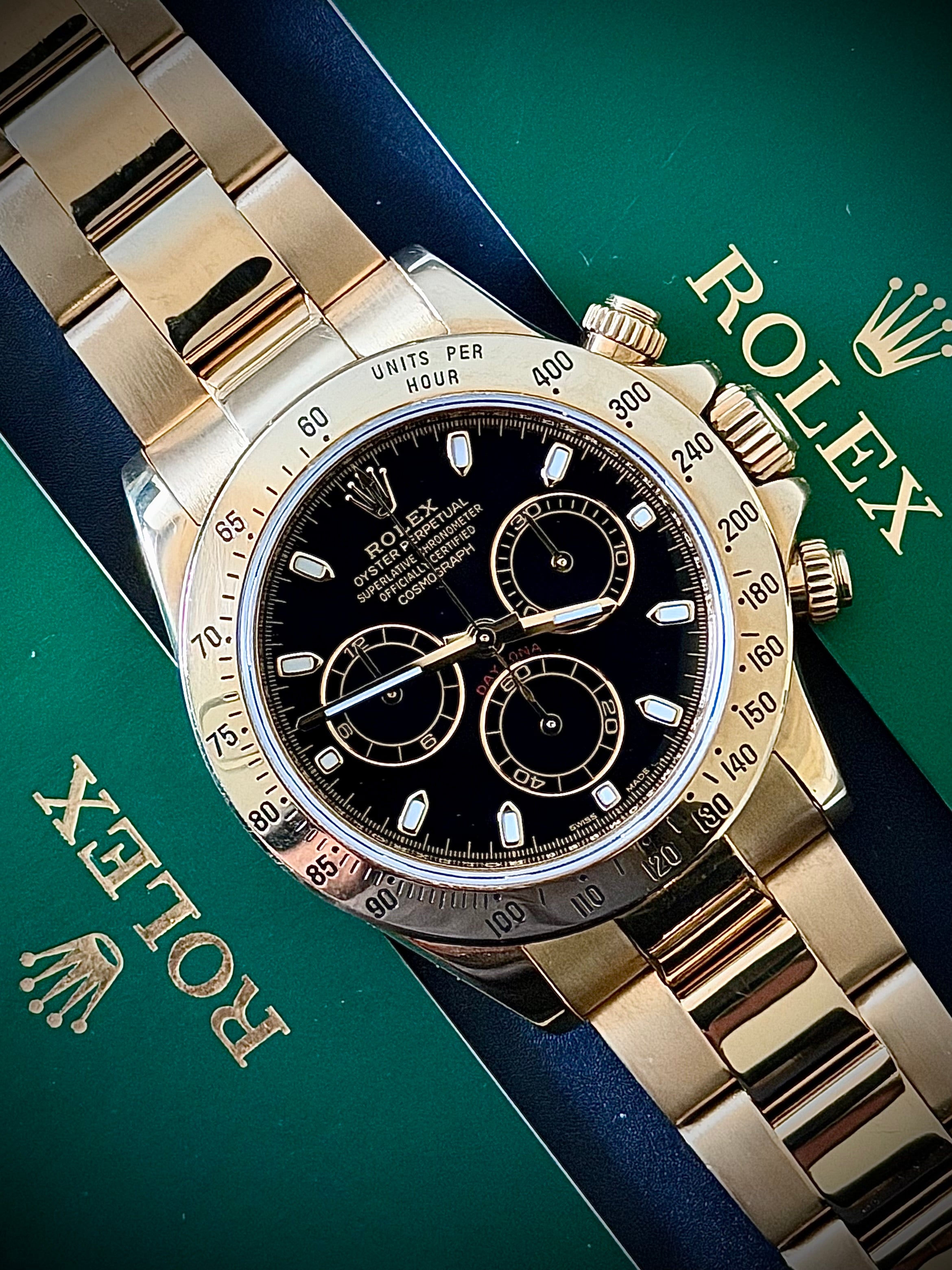 2014 ROLEX DAYTONA, FULL YELLOW GOLD, 116528, BOX AND PAPERS, INC GST