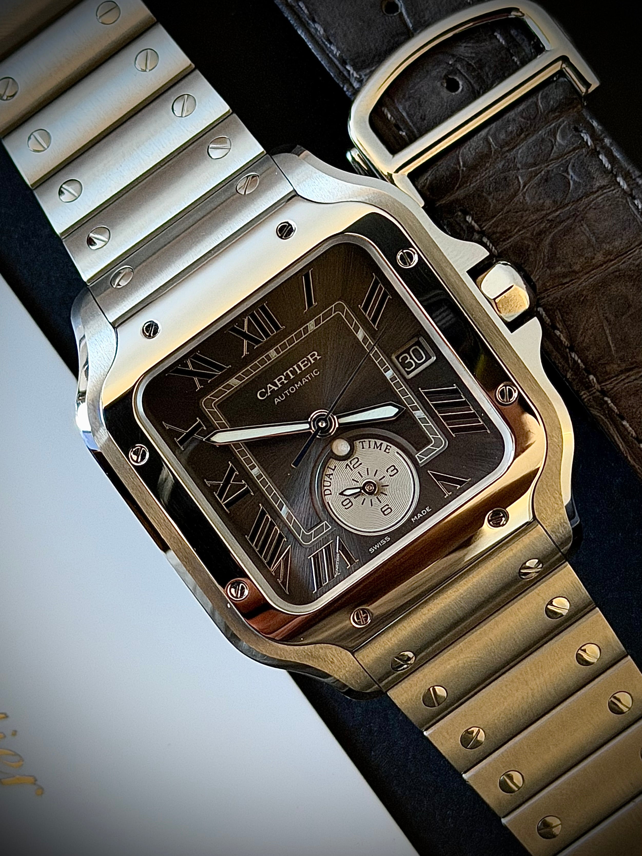 2024 CARTIER SANTOS DE CARTIER LARGE DUAL TIME, WSSA0076, BOX AND PAPERS, INC GST