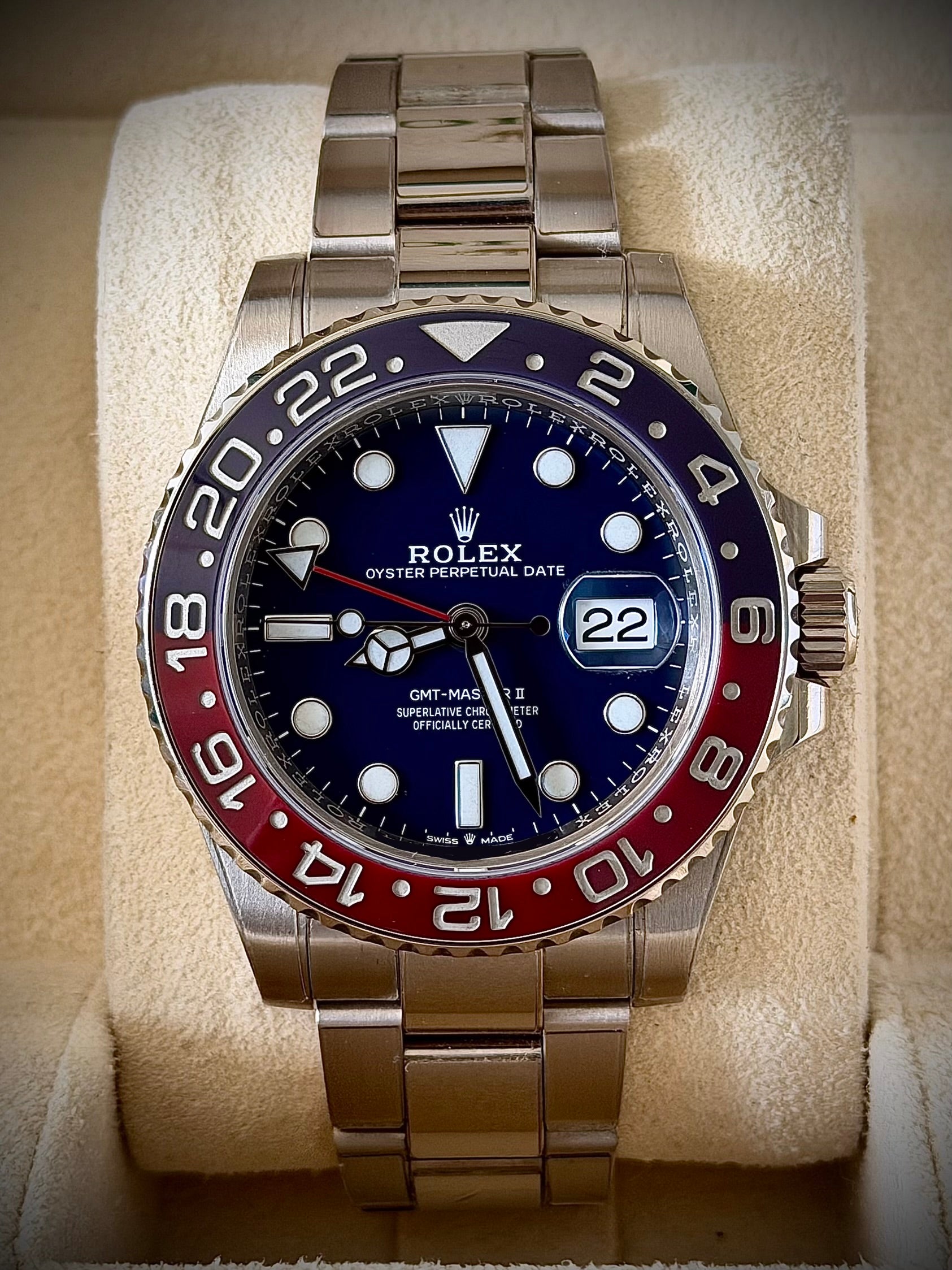 2020 ROLEX GMT MASTER II, PEPSI, WHITE GOLD, BLUE DIAL, 126719BLRO, FULL SET, INC GST