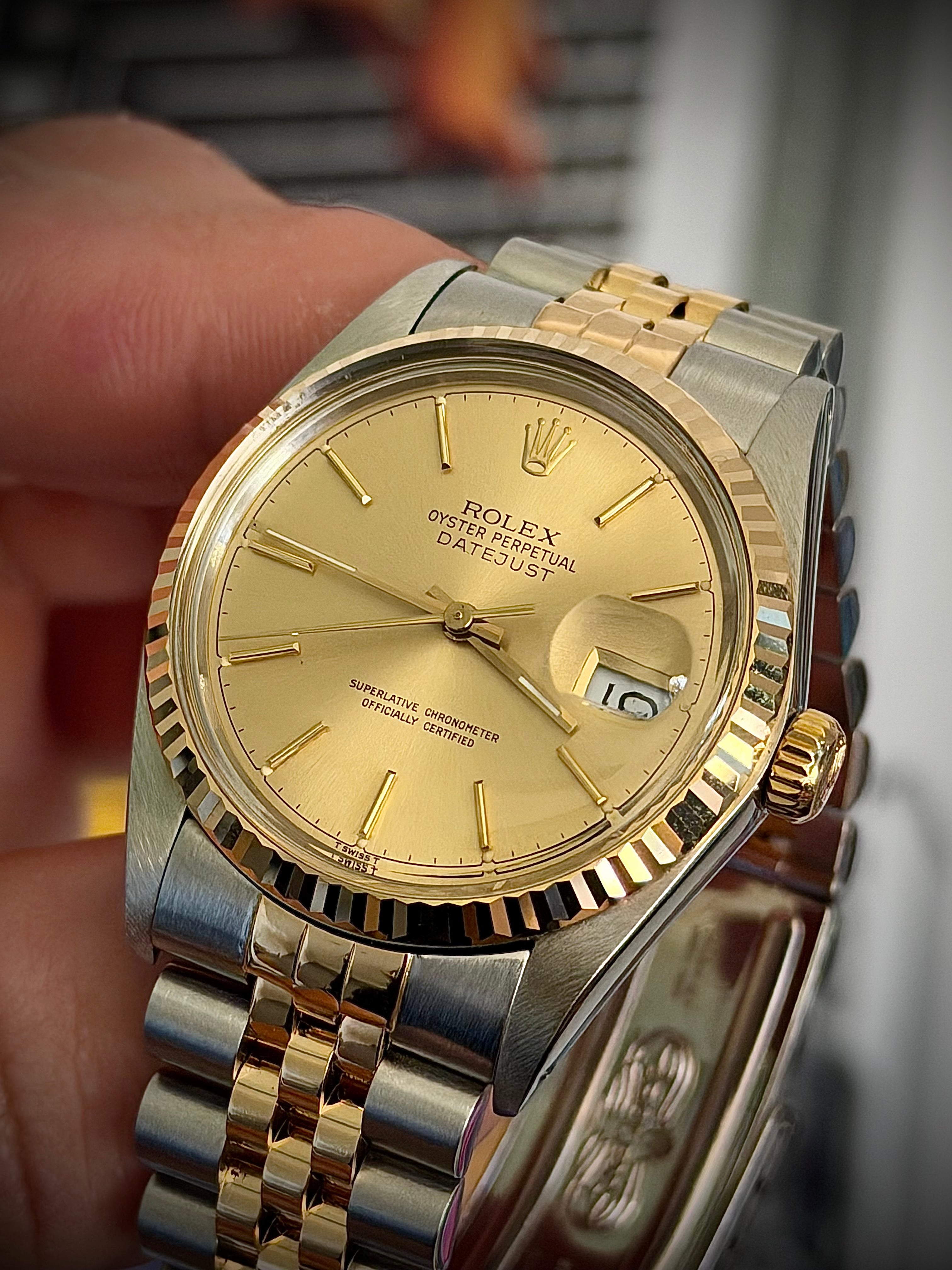 1987 ROLEX DATEJUST 36, 16013, CHAMPAGNE DIAL, FLUTED BEZEL, JUBILEE BRACELET, WATCH ONLY, INC GST