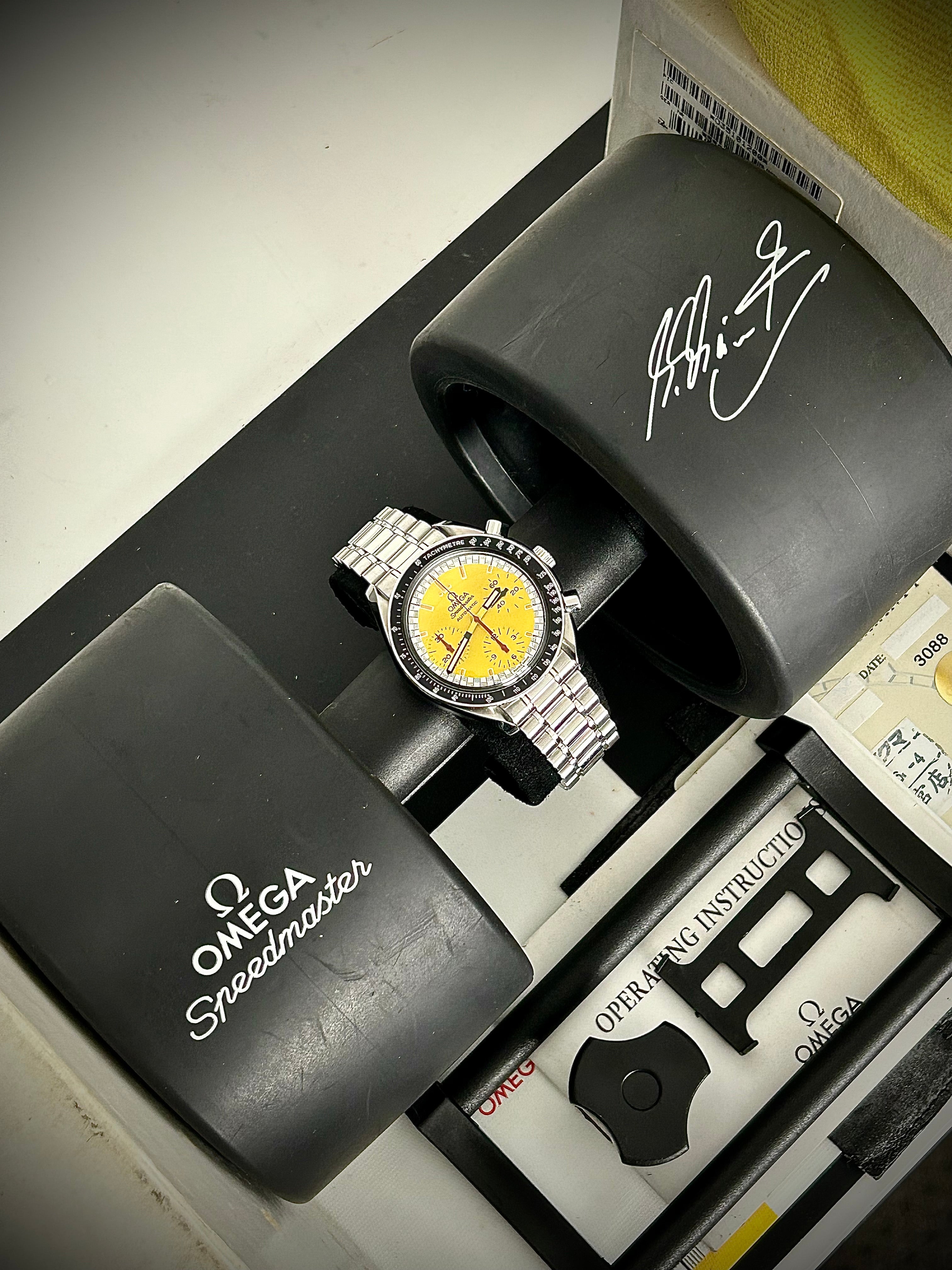 1998 OMEGA SPEEDMASTER REDUCED YELLOW SCHUMACHER, FULL SET, INC GST
