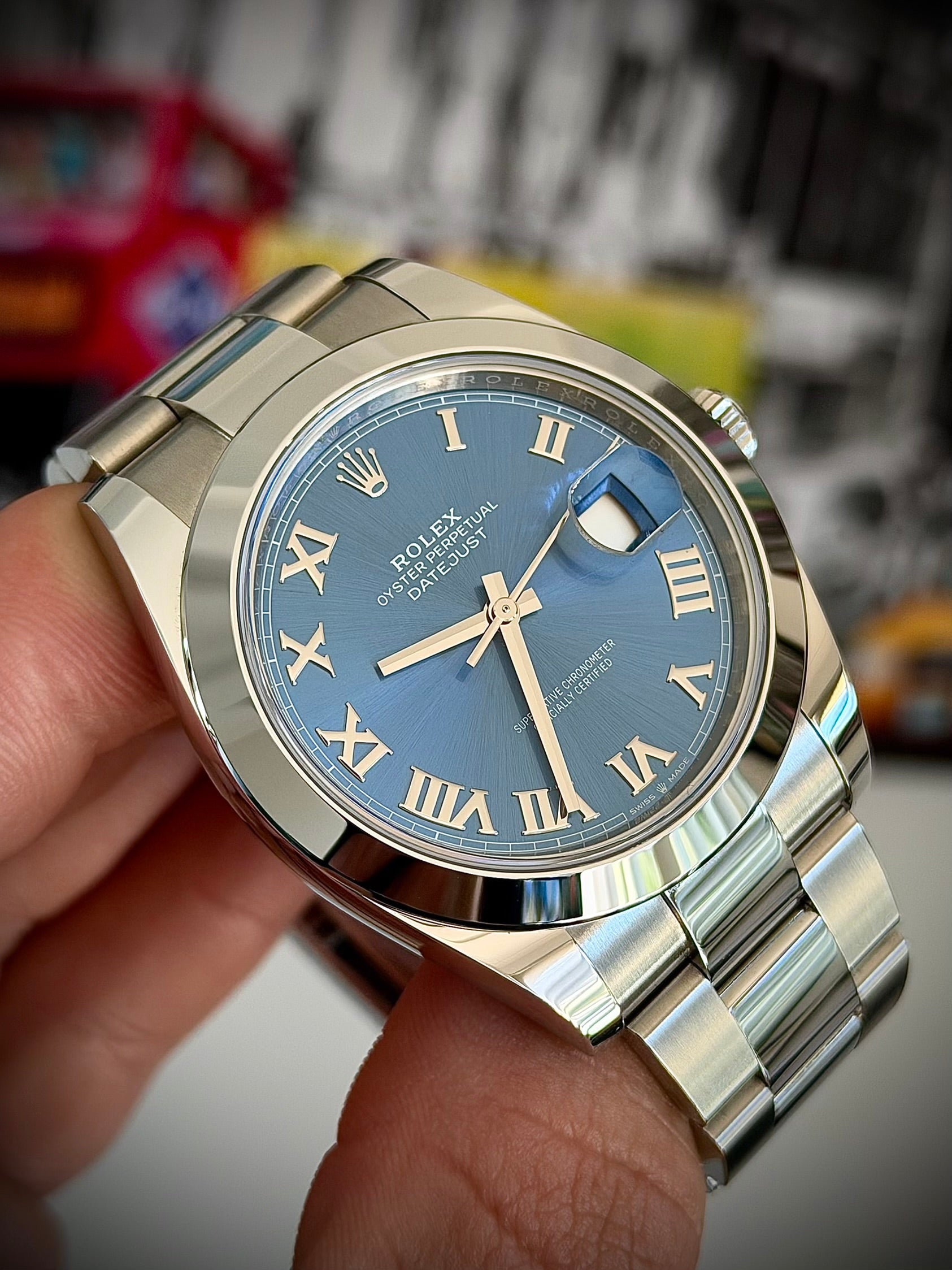 2023 ROLEX DATEJUST 41, AZZURO BLUE, 126300, AS NEW, FULL SET, INC GST