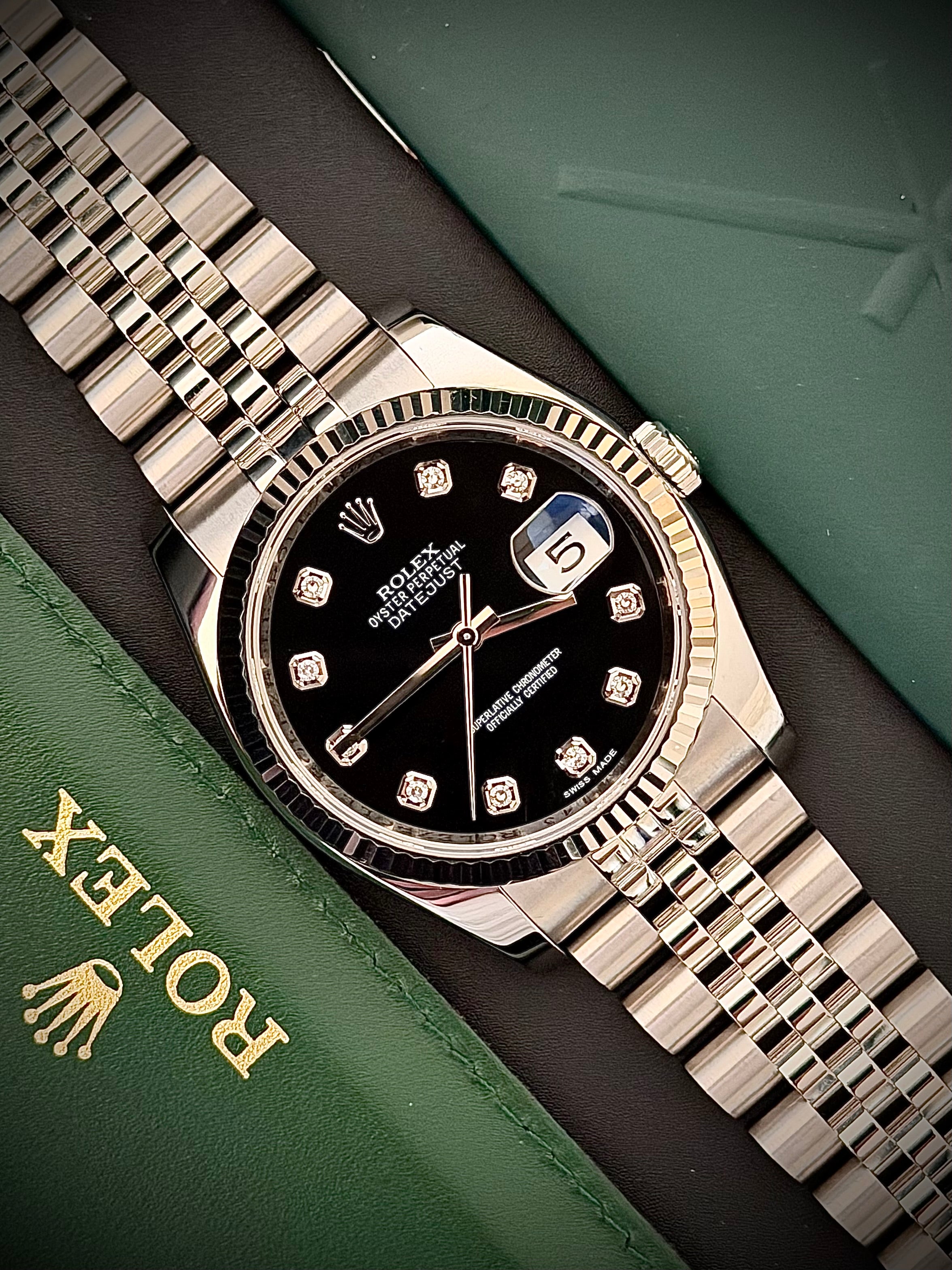 2012 ROLEX DATEJUST 36, 116234, BLACK DIAMOND DIAL, FULL SET, INC GST