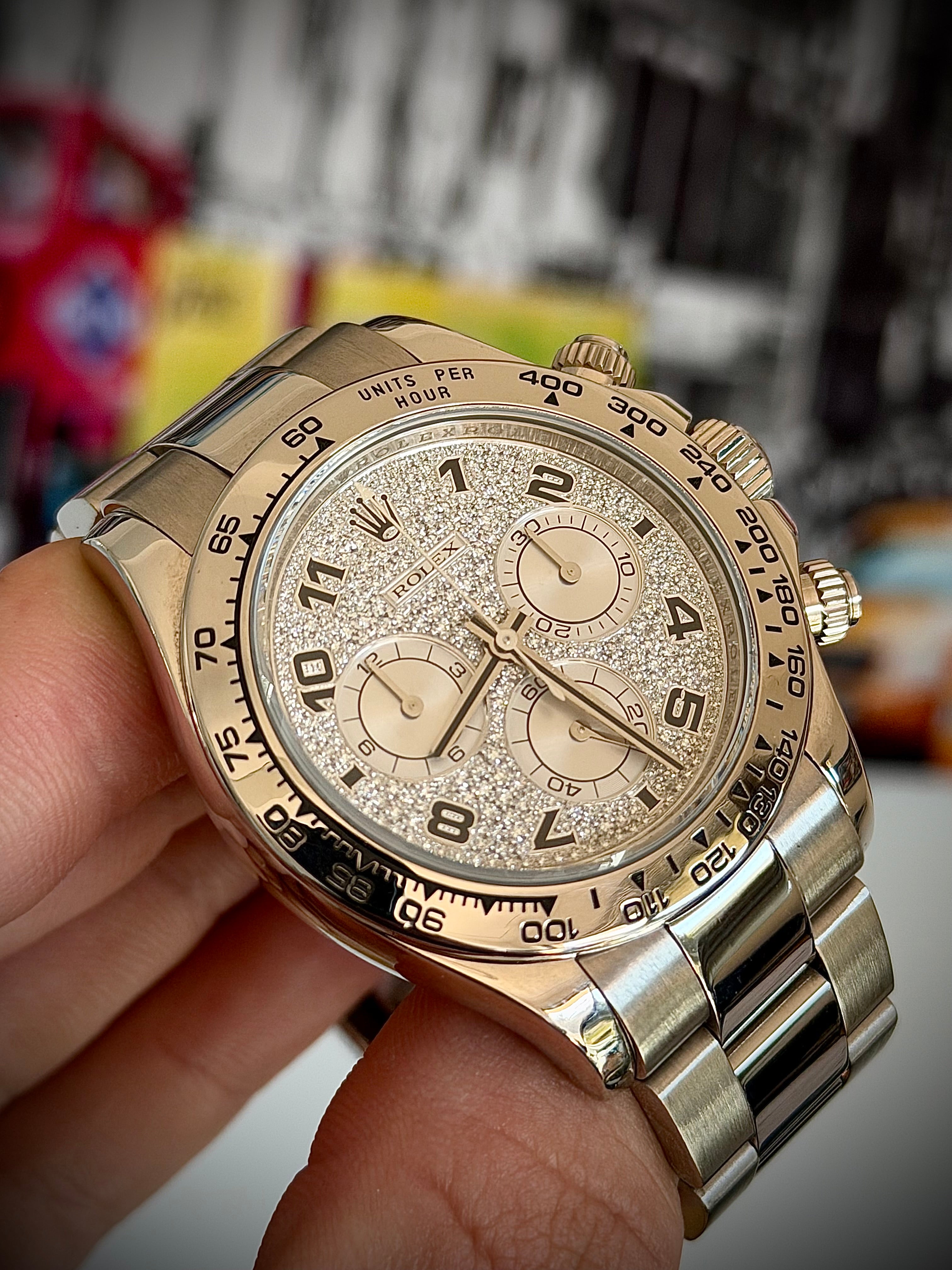 2008 ROLEX DAYTONA 18CT WHITE GOLD, 116509, FACTORY DIAMOND PAVÉ DIAL, FULL SET, INC GST