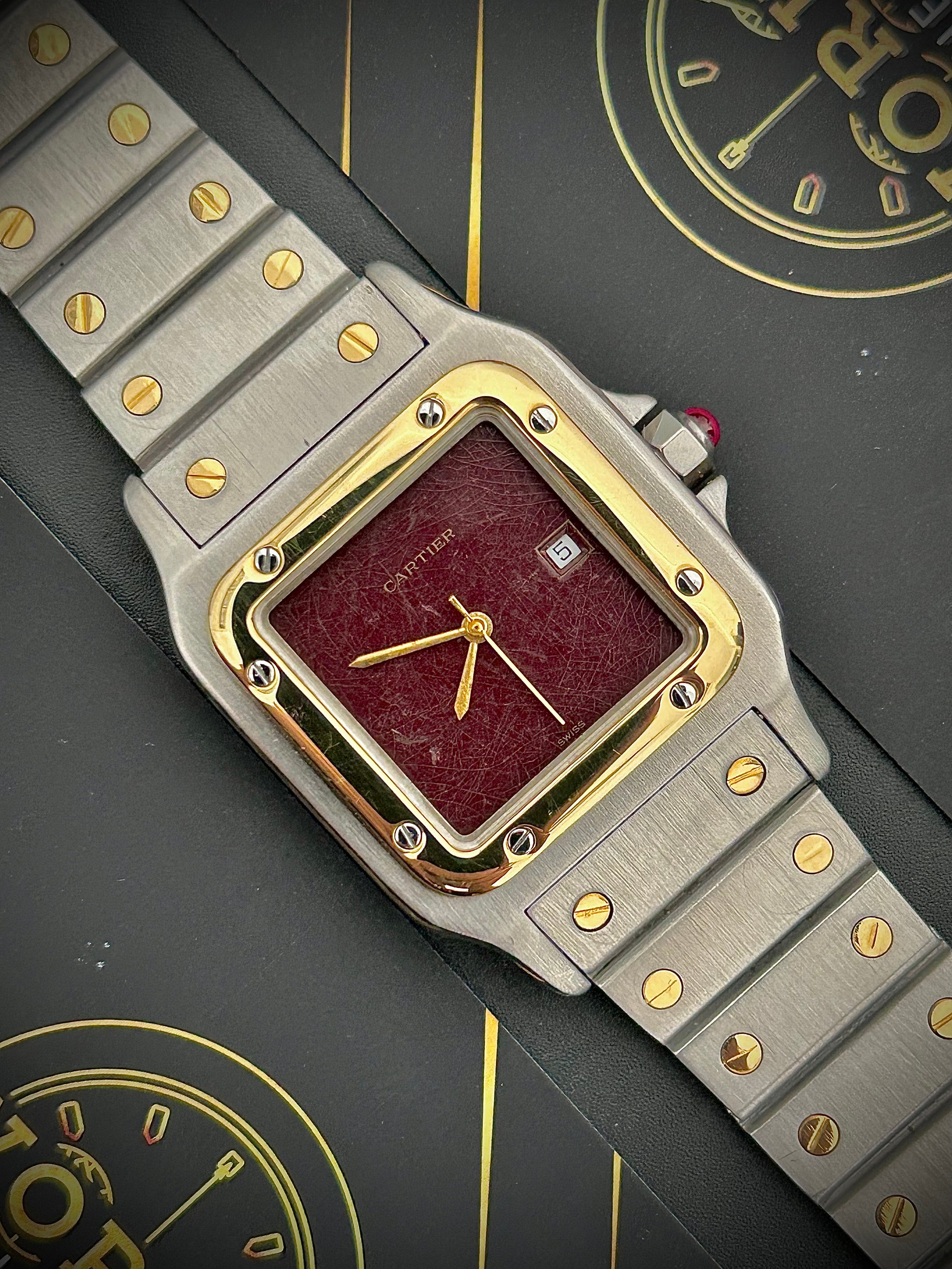 1982 CARTIER SANTOS CAREÉ, 2961, BURGUNDY SPIDER DIAL, WATCH AND BOX, INC GST
