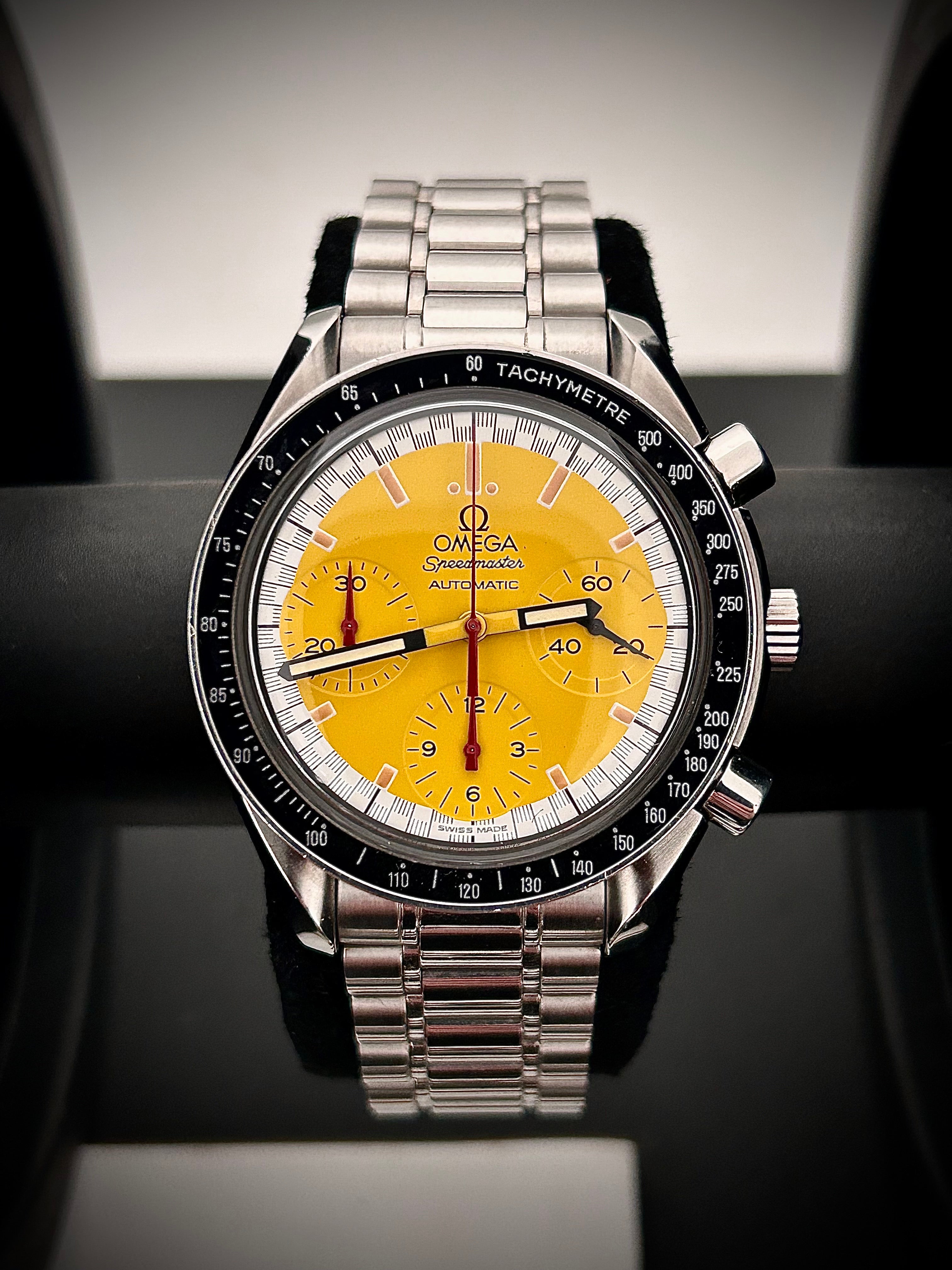 1998 OMEGA SPEEDMASTER REDUCED YELLOW SCHUMACHER, FULL SET, INC GST