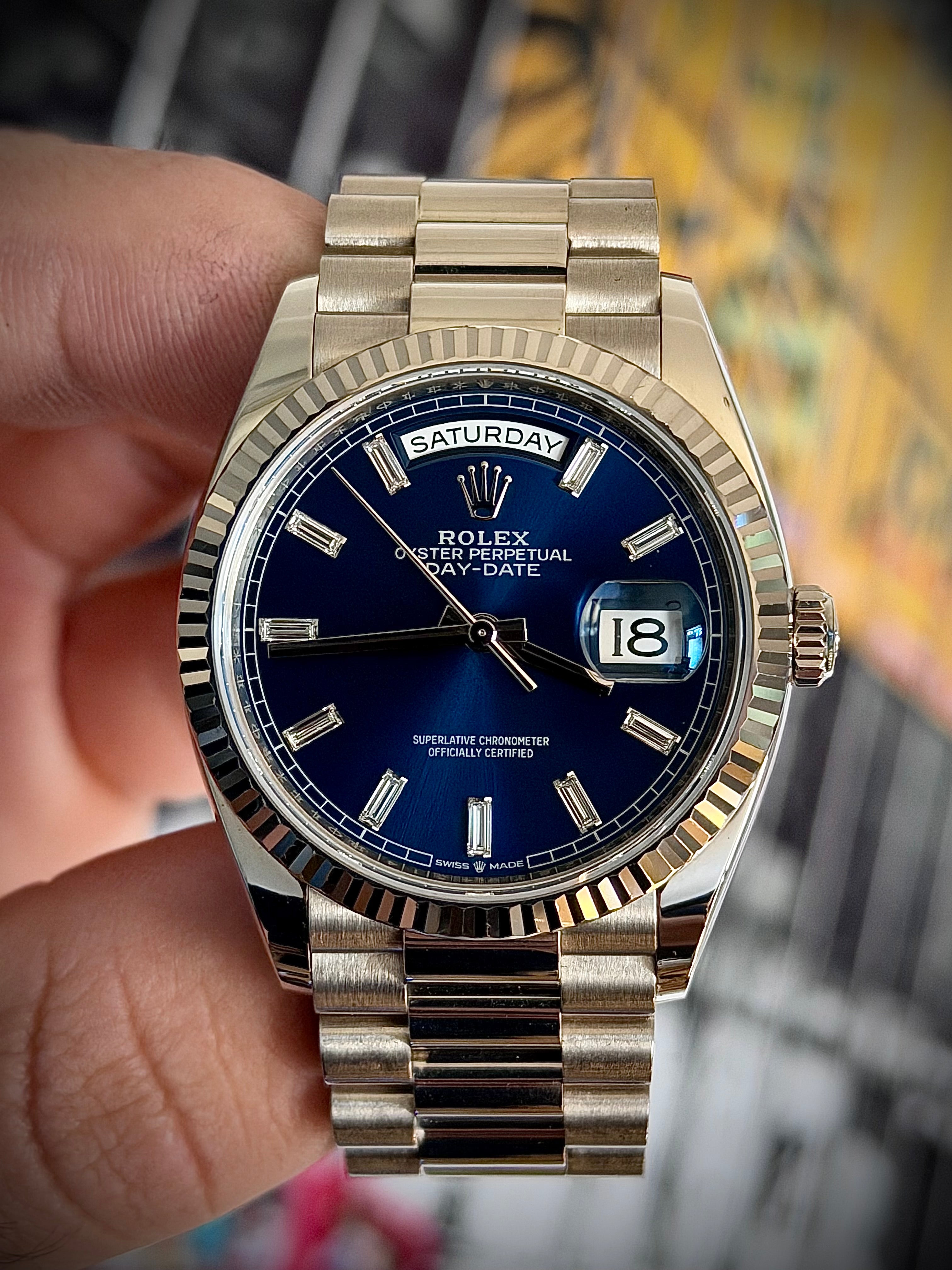 2024 ROLEX DAY-DATE 36, 128239, BLUE BAGUETTE DIAMOND DIAL, FULL SET, INC GST