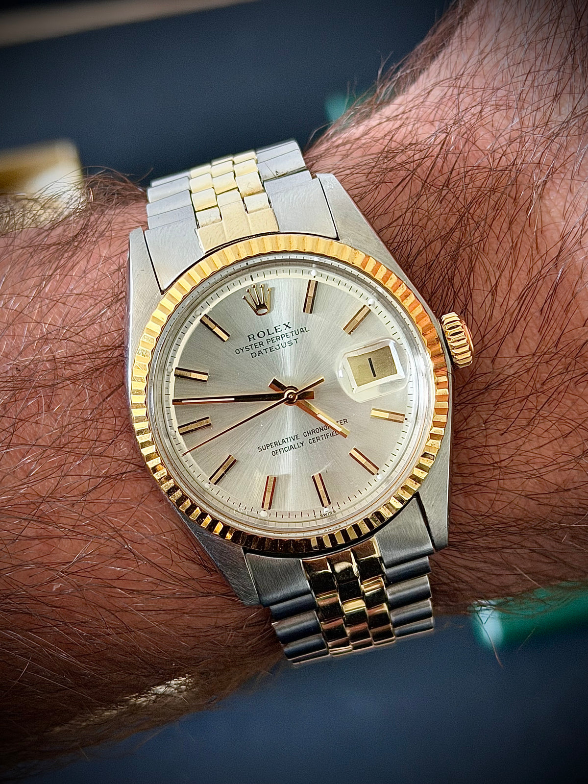 1975 ROLEX DATEJUST 36, 1601, TWO-TONE, PIE-PAN DIAL, FOLDED-LINK JUBILEE BRACELET, ROLEX SERVICE BOX, INC GST