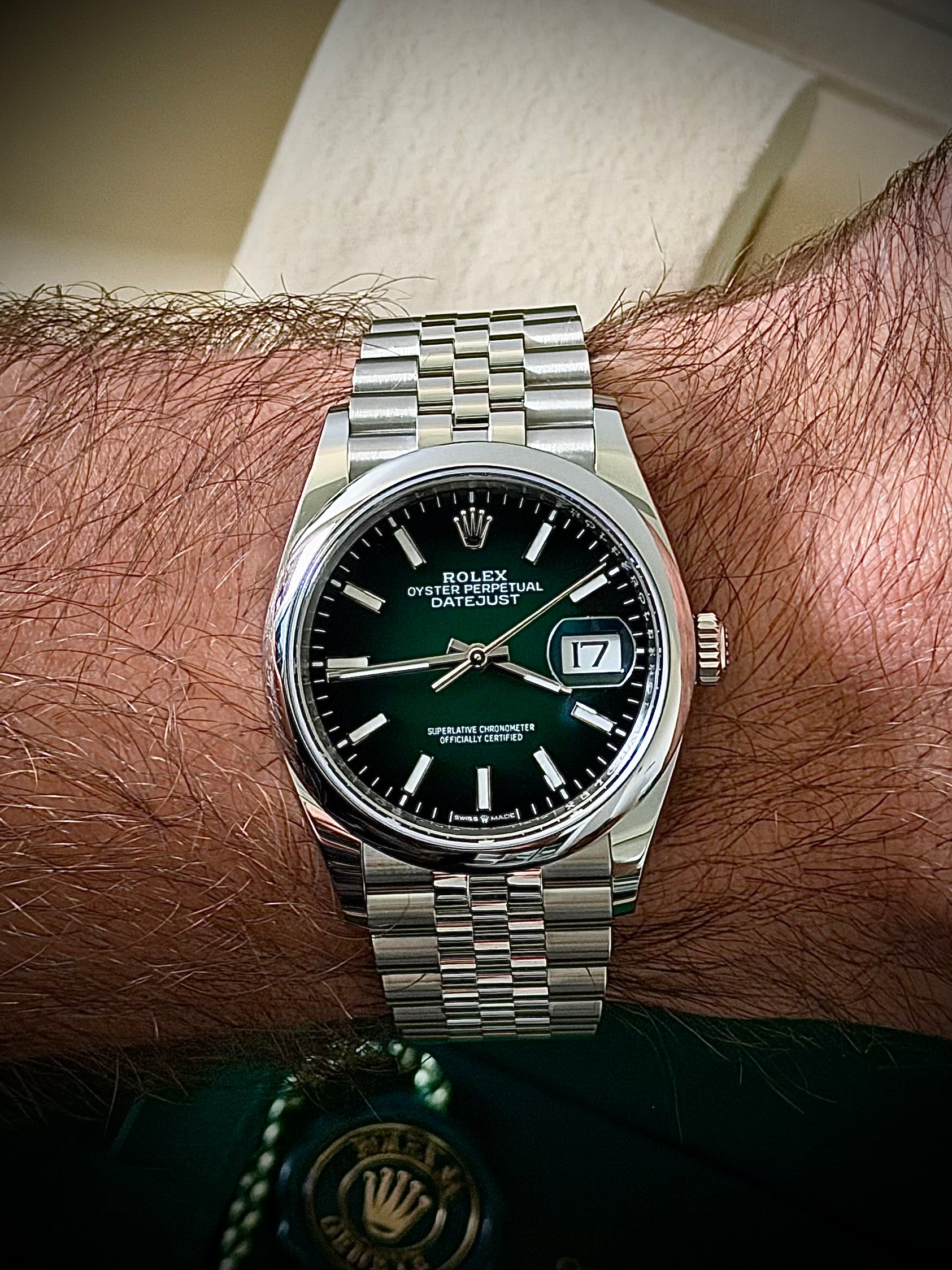 2026 ROLEX DATEJUST 36, 126200, GREEN OMBRÉ DIAL, SMOOTH BEZEL, JUBILEE BRACELET, AS NEW, FULL SET, INC GST
