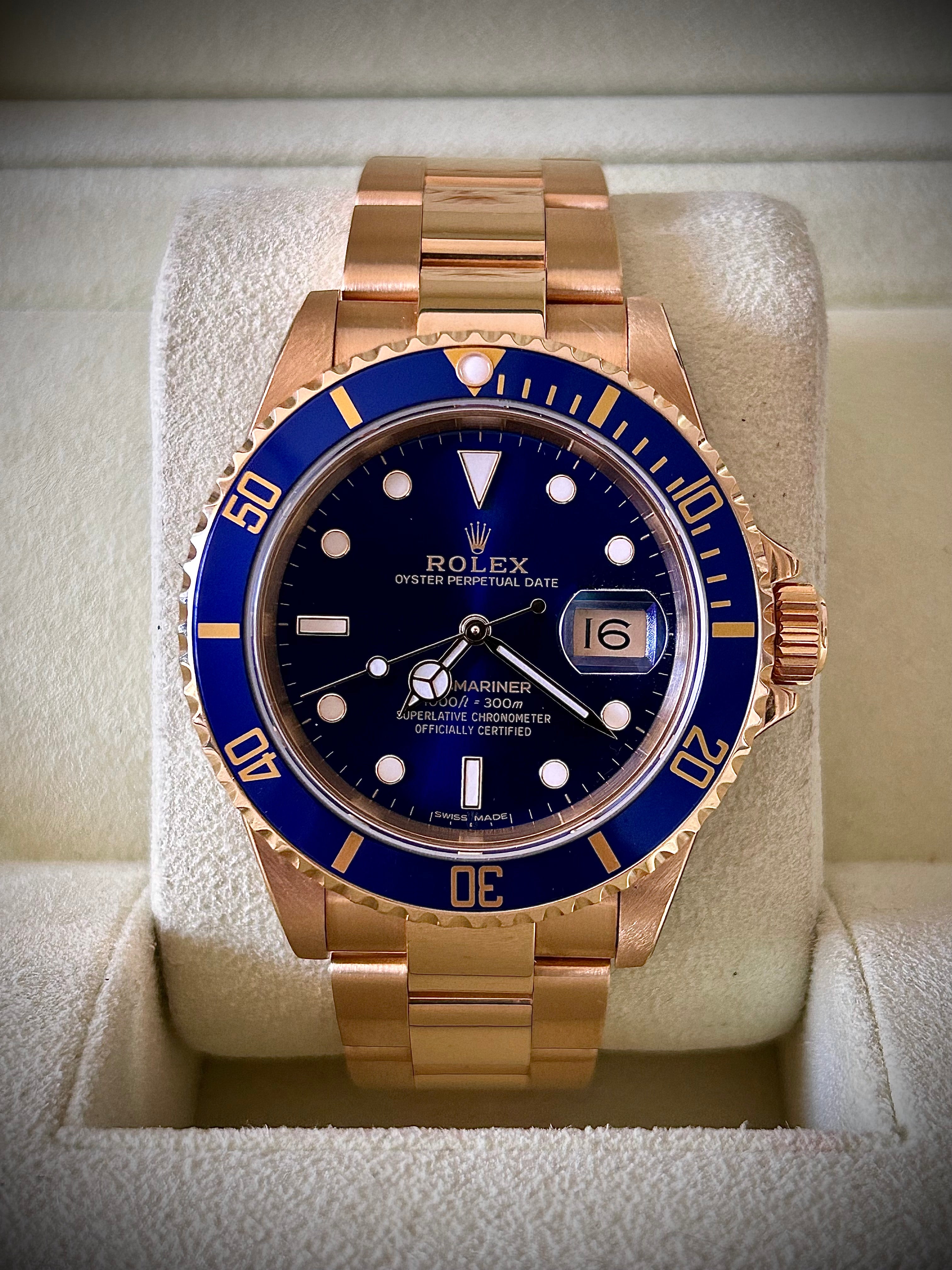 1991 ROLEX SUBMARINER DATE “BLUESY”, FULL GOLD, 16618LB, BOX AND RSC, INC GST