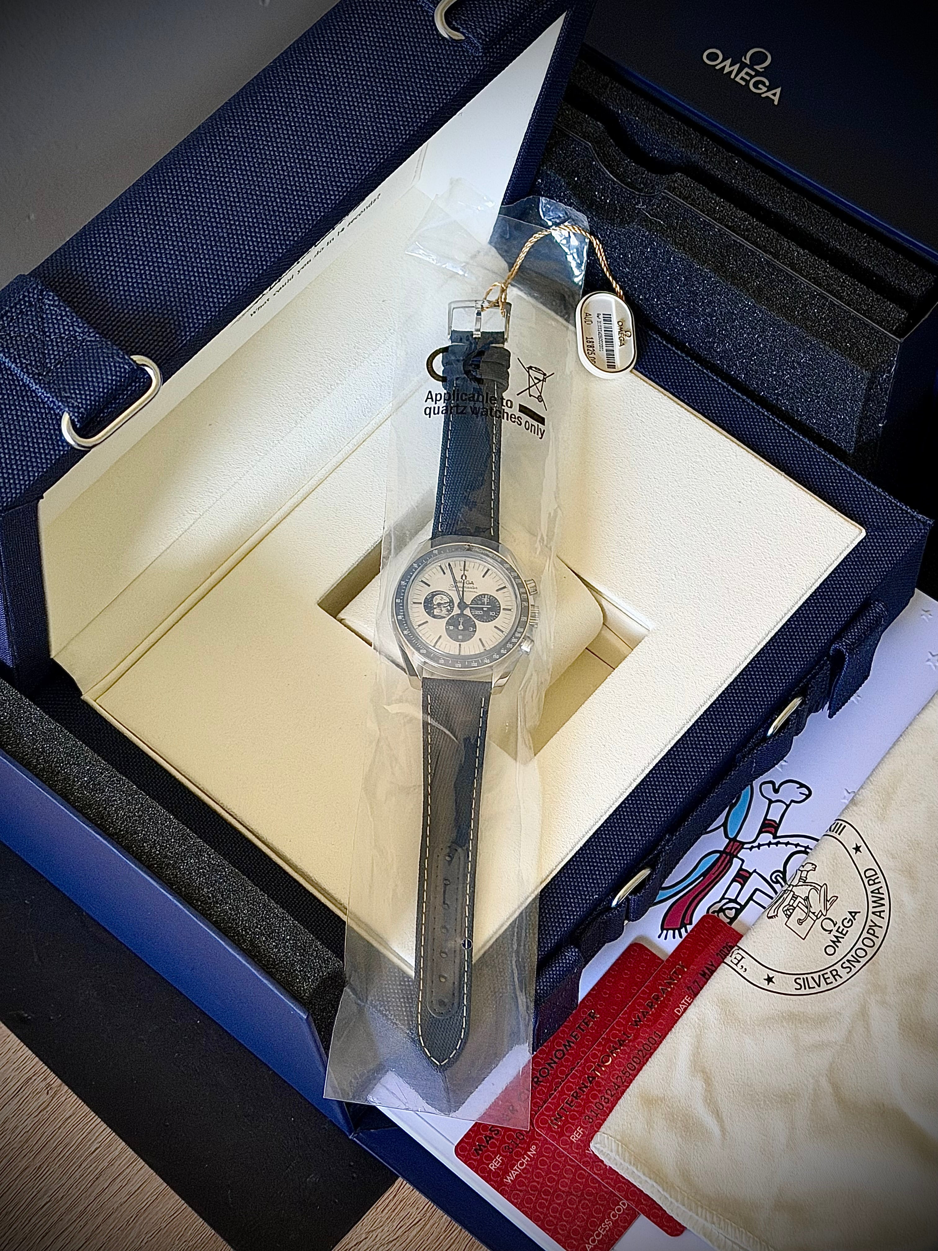 2026 OMEGA SPEEDMASTER SILVER SNOOPY AWARD 50TH ANNIVERSARY, BRAND NEW UNWORN, STICKERED, FULL SET, INC GST