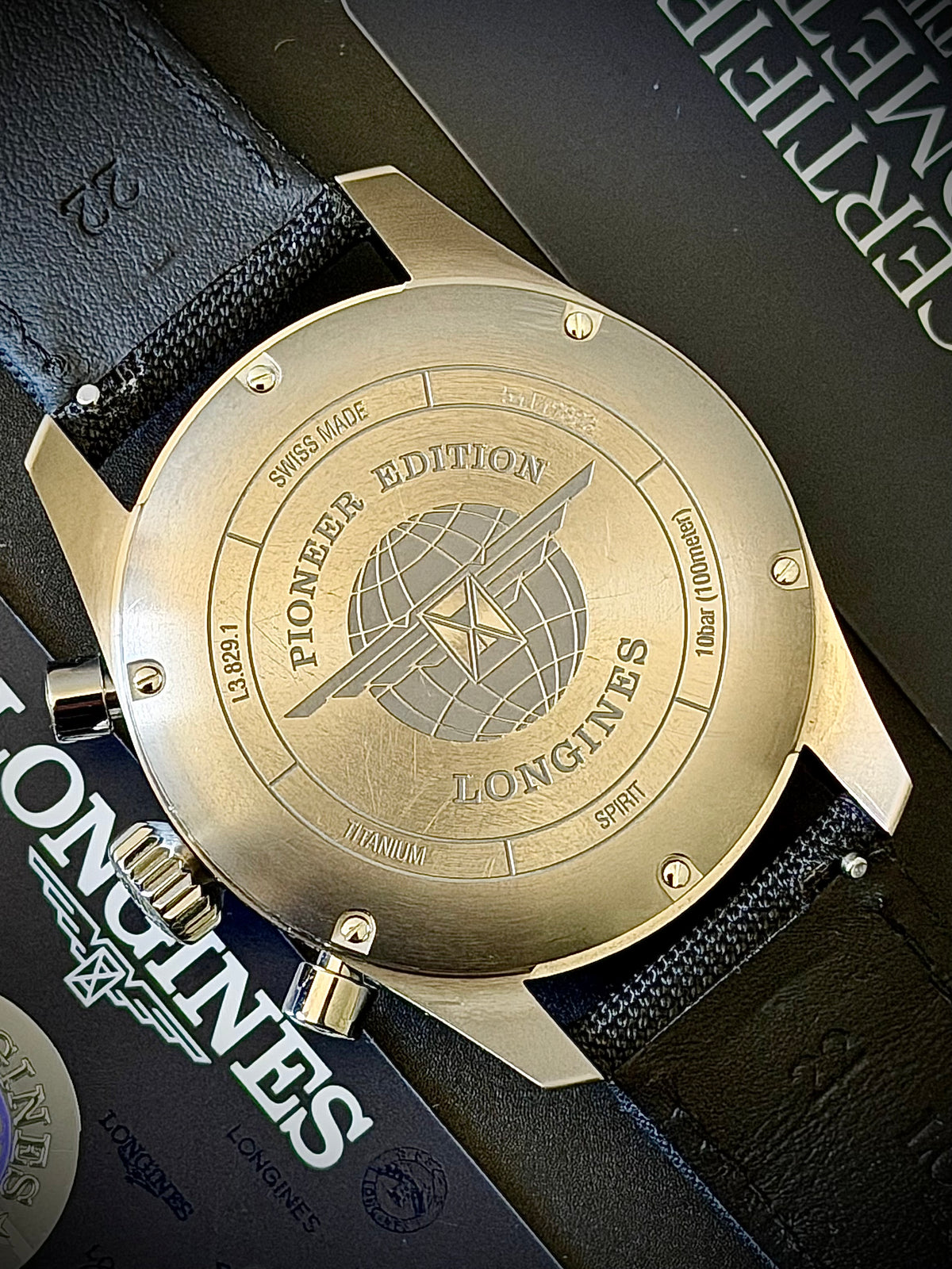 2025 LONGINES SPIRIT PIONEER EDITION CHRONOGRAPH, L3.829.1.53.2, TITANIUM, FULL SET, EXCELLENT CONDITION, INC GST