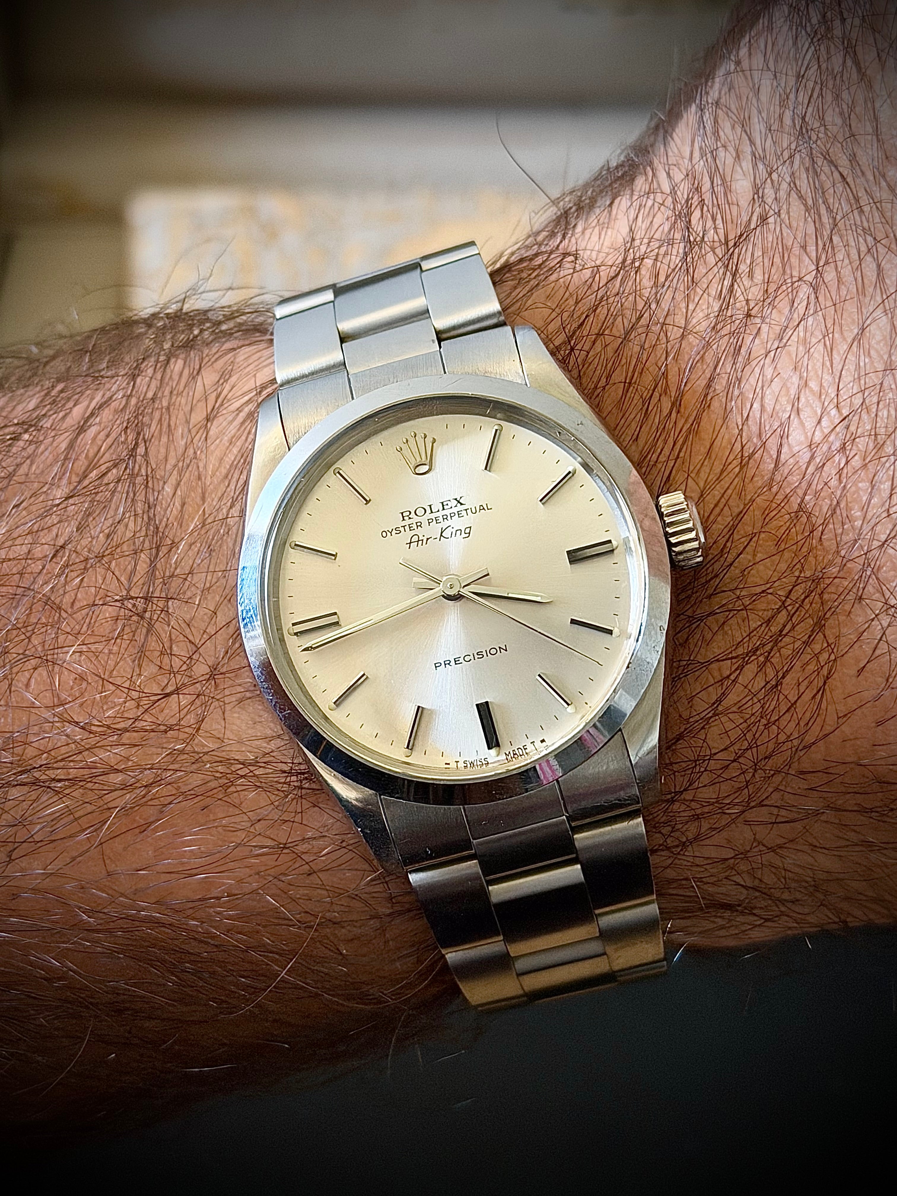 1989 ROLEX AIR-KING, 5500, SILVER PRECISION DIAL, FULL SET, INC GST
