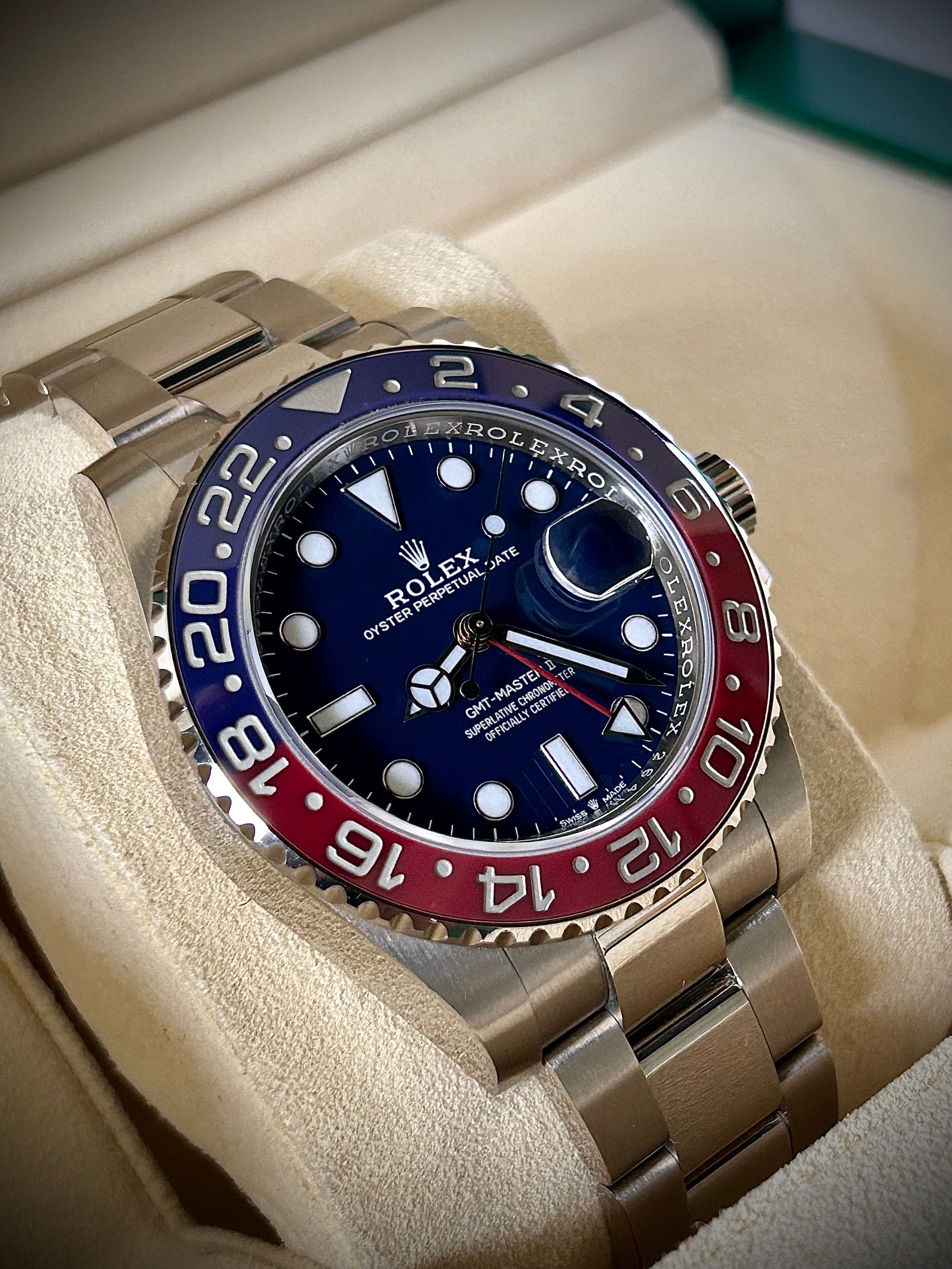 2019 ROLEX GMT MASTER II, PEPSI, WHITE GOLD, BLUE DIAL, 126719BLRO, FULL SET, INC GST