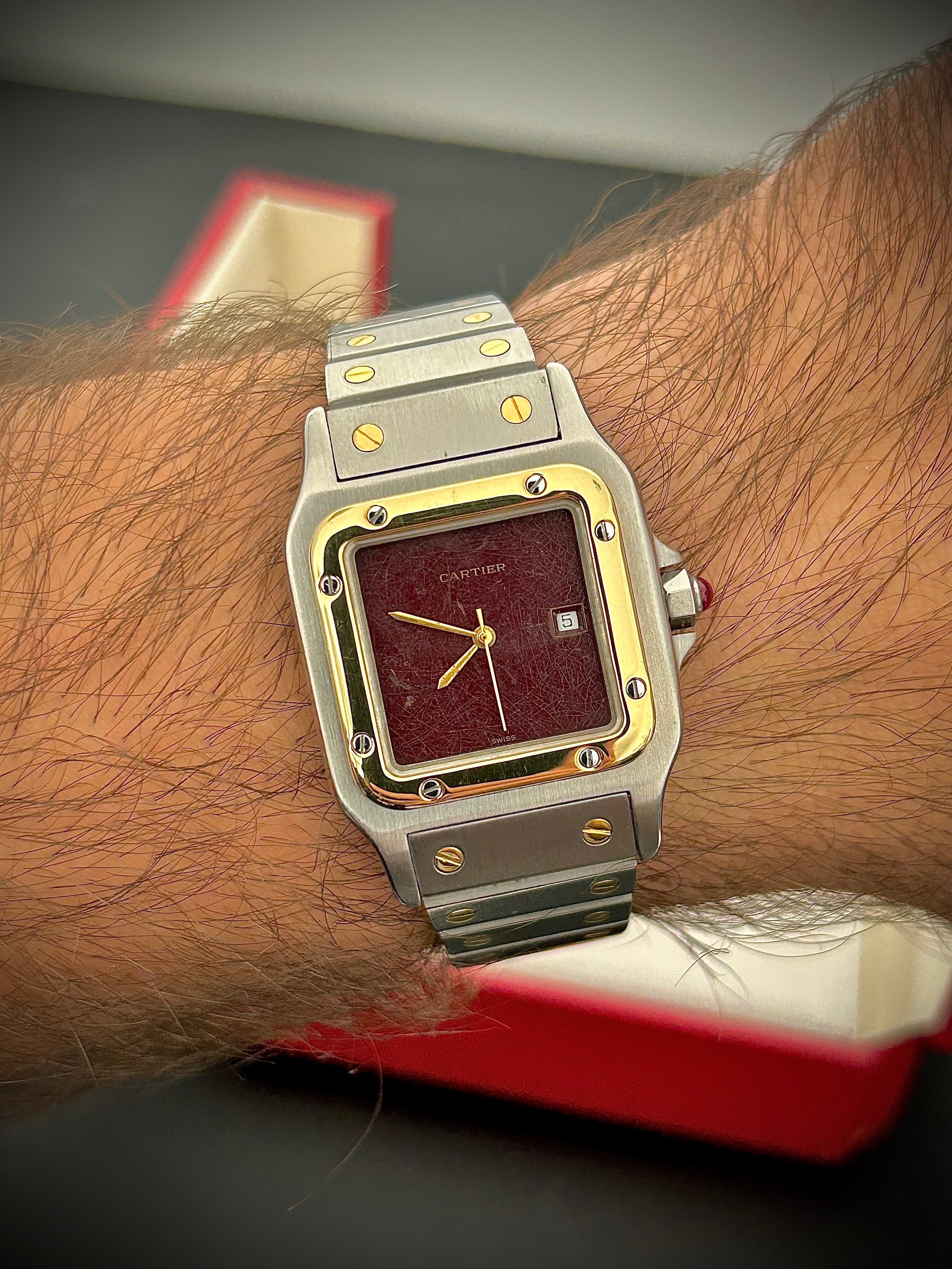 1982 CARTIER SANTOS CAREÉ, 2961, BURGUNDY SPIDER DIAL, WATCH AND BOX, INC GST