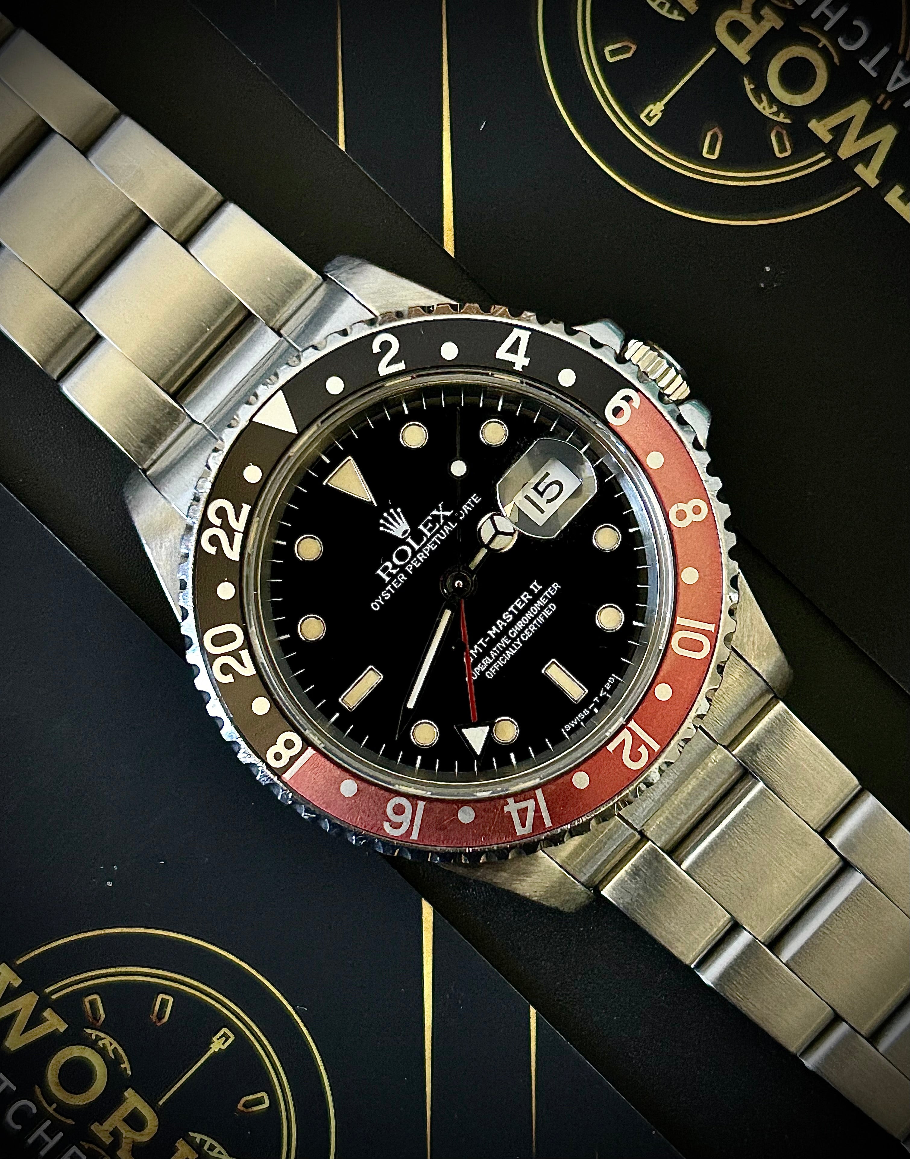 1991 ROLEX GMT MASTER II, FADED COKE BEZEL, PATINA, 16710, BOX AND BOOKLETS, INC GST