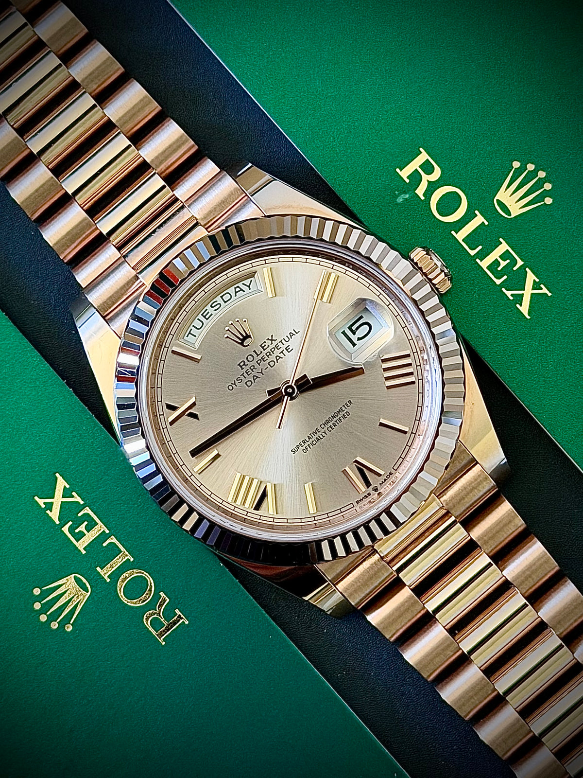 2024 ROLEX DAY-DATE 40, 228235, SUNDUST DIAL, 18CT EVEROSE GOLD, FULL SET, INC GST
