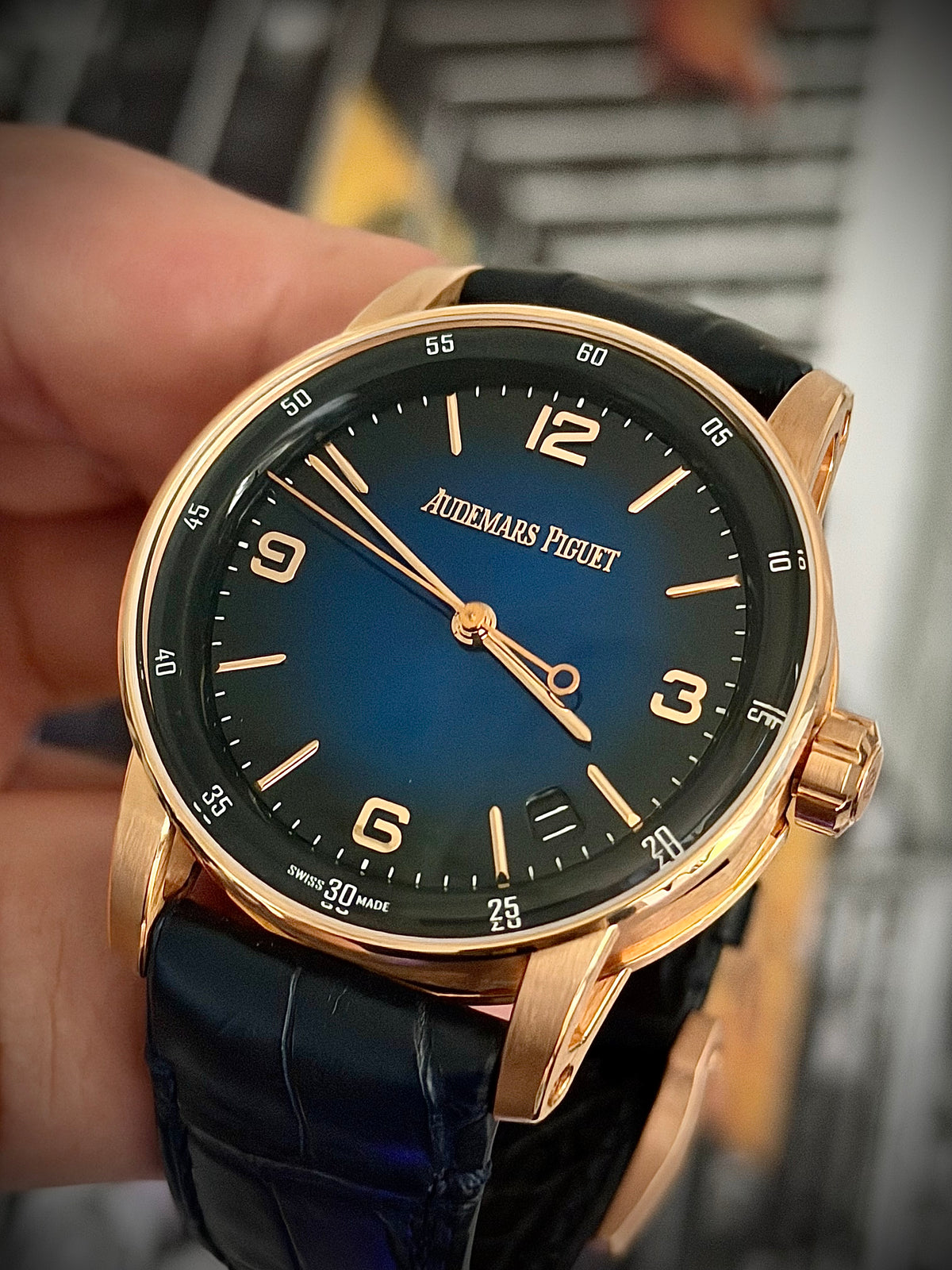 2023 AUDEMARS PIGUET CODE 11.59 SELFWINDING, 15210OR.OO.A028CR.01, 18CT PINK GOLD, SMOKED BLUE DIAL, FULL SET, INC GST