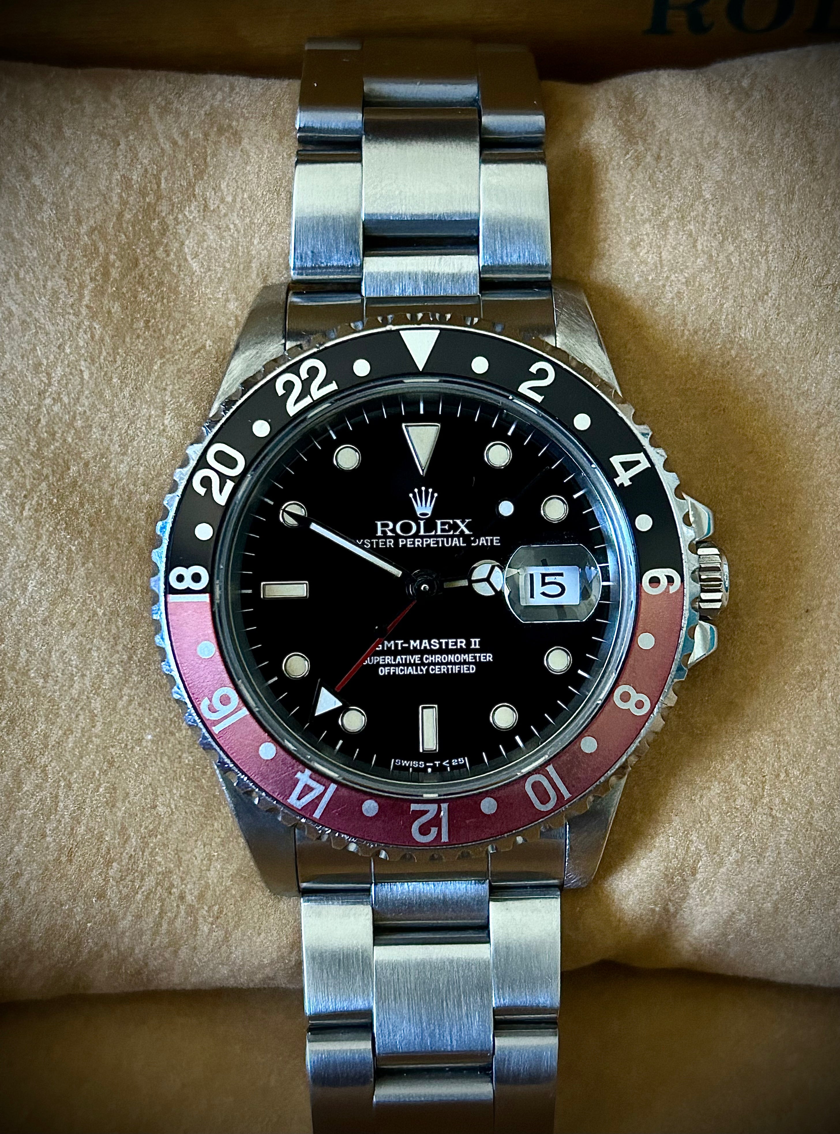1991 ROLEX GMT MASTER II, FADED COKE BEZEL, PATINA, 16710, BOX AND BOOKLETS, INC GST