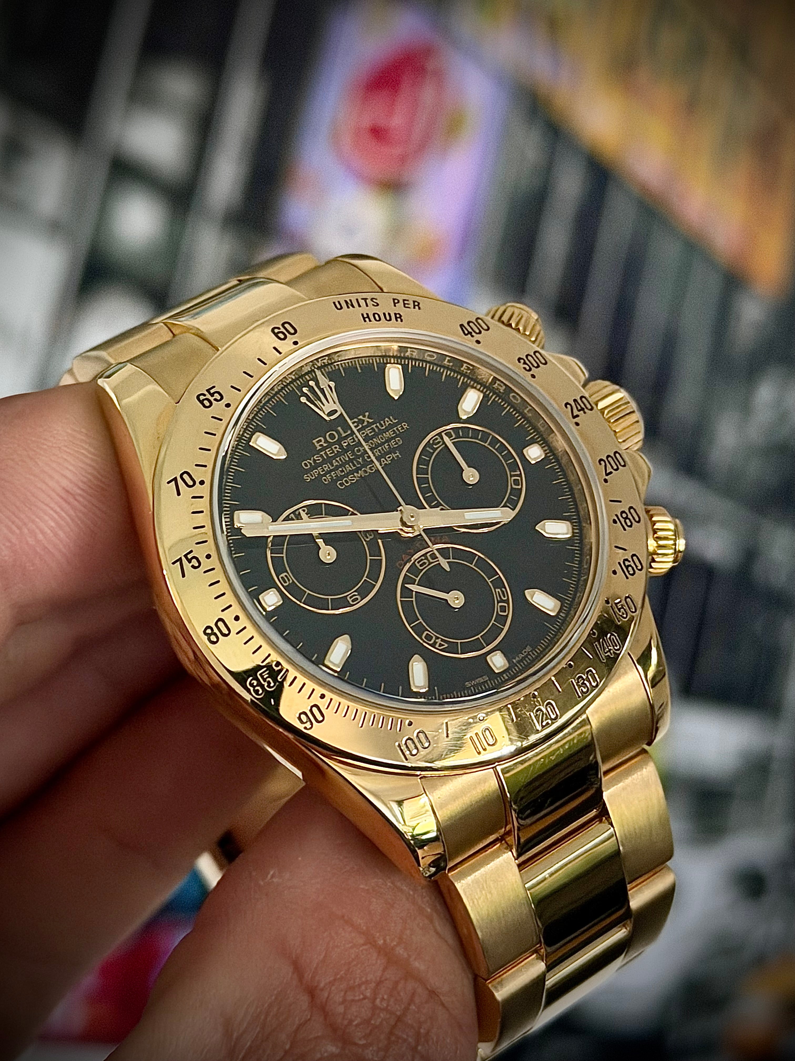 2014 ROLEX DAYTONA, FULL YELLOW GOLD, 116528, BOX AND PAPERS, INC GST
