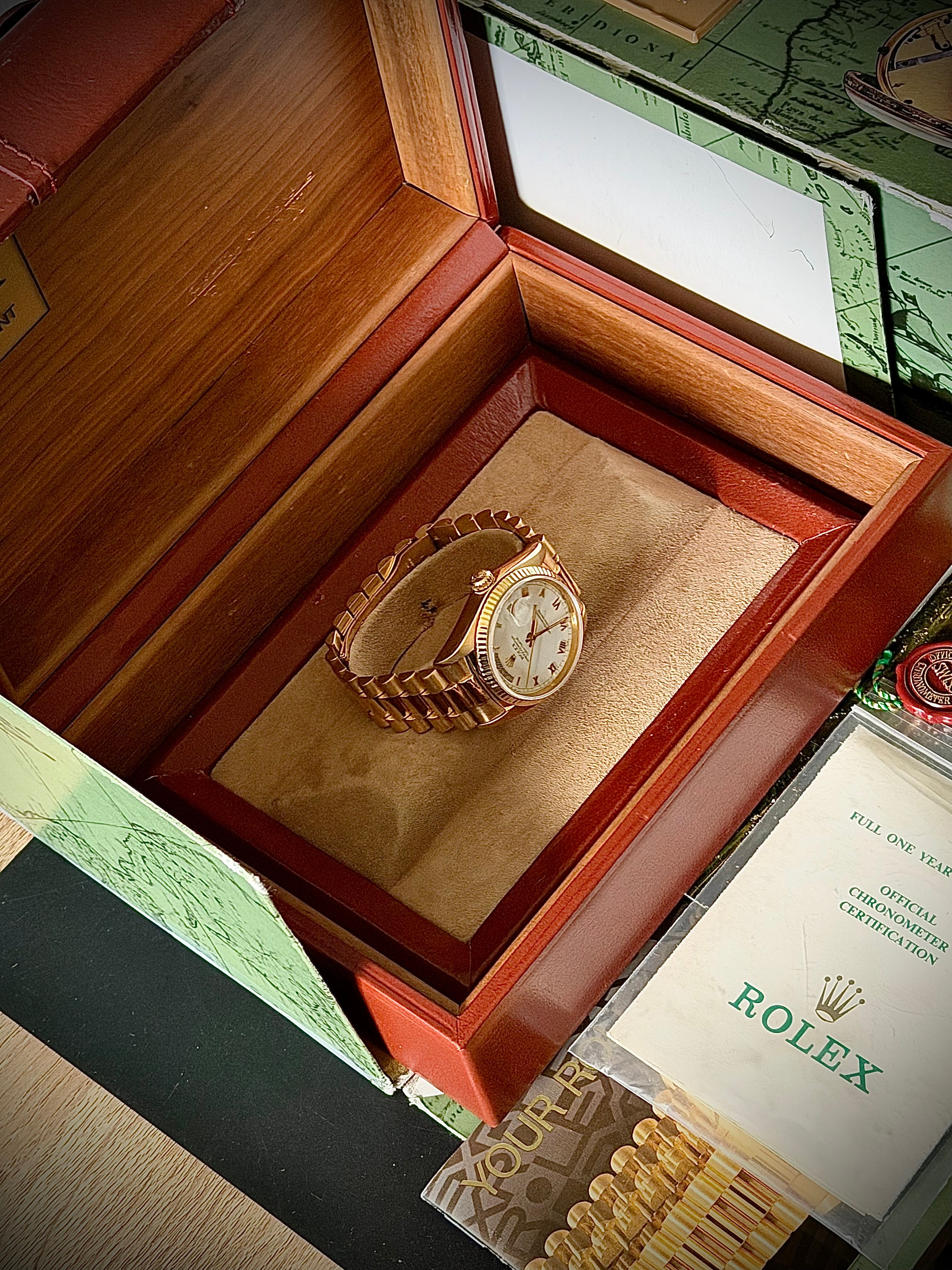 1987 ROLEX DAY DATE 36, 18038, WHITE ROMAN DIAL, FULL SET, INC GST