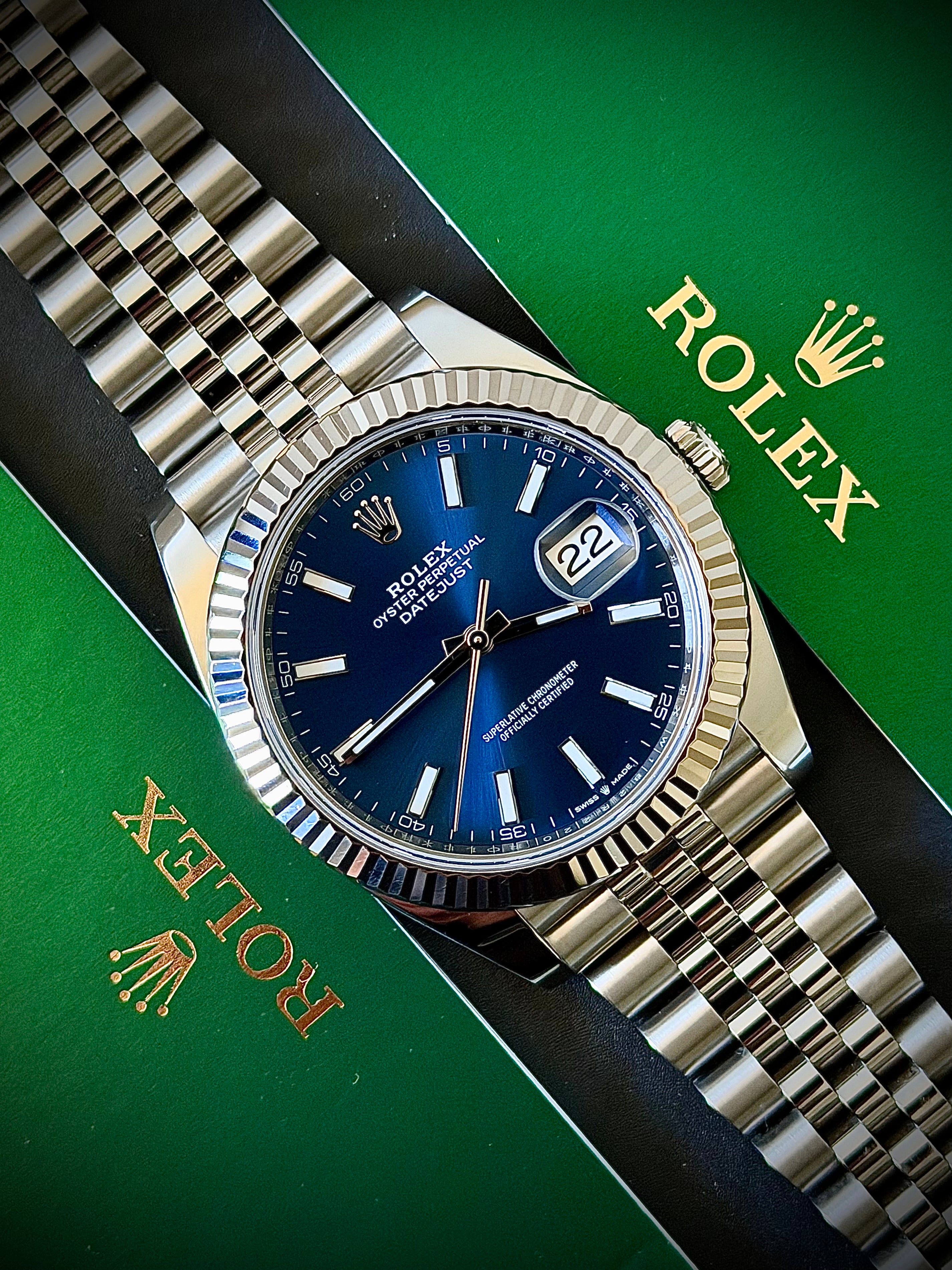 2019 ROLEX DATEJUST 41, BLUE DIAL, FLUTED BEZEL, JUBILEE BRACELET, ORIGINAL INVOICE, 2025 RSC SERVICE, FULL SET, INC GST