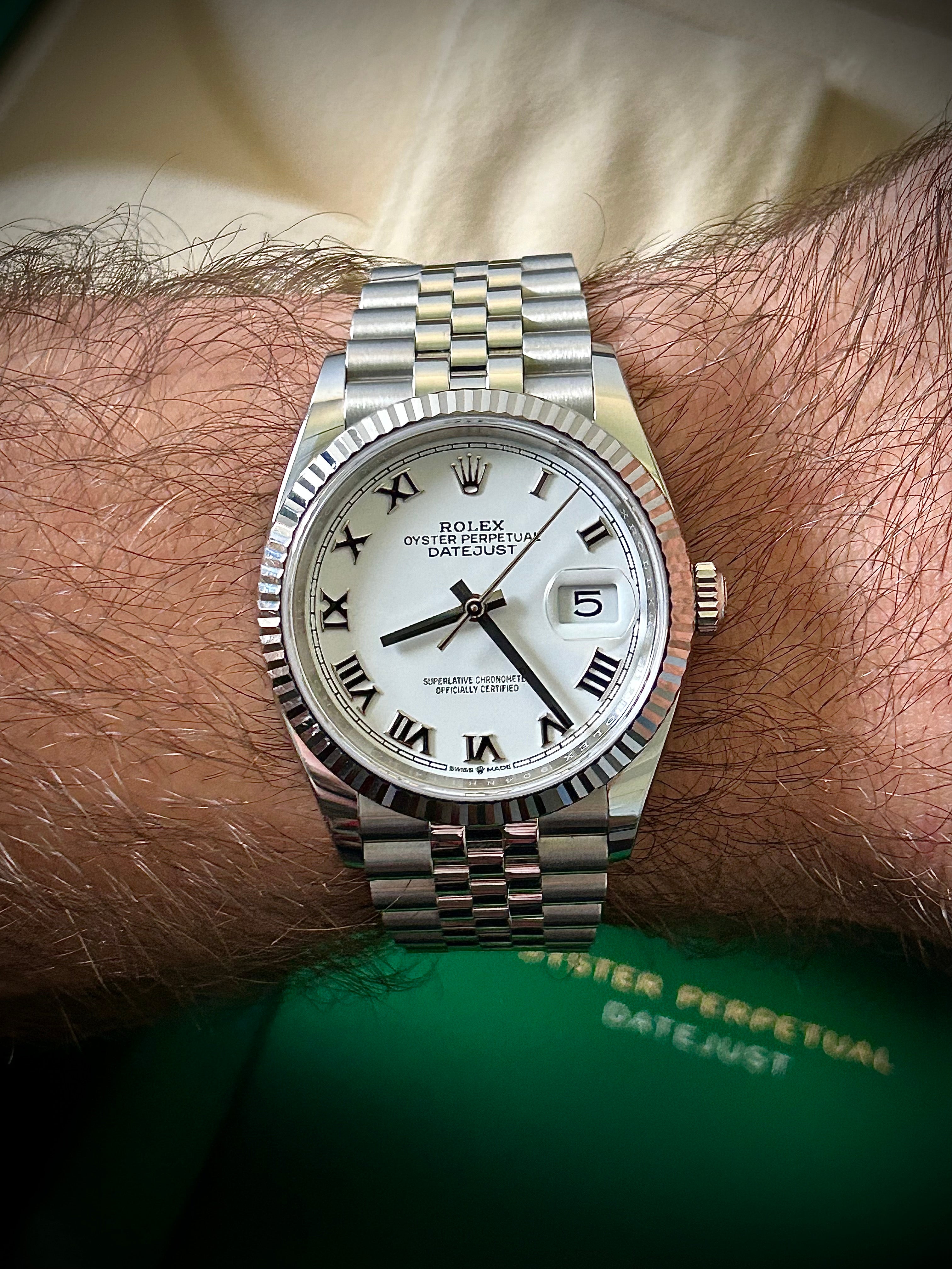 2023 ROLEX DATEJUST 36, 126234, WHITE ROMAN DIAL, BOX AND PAPERS, INC GST