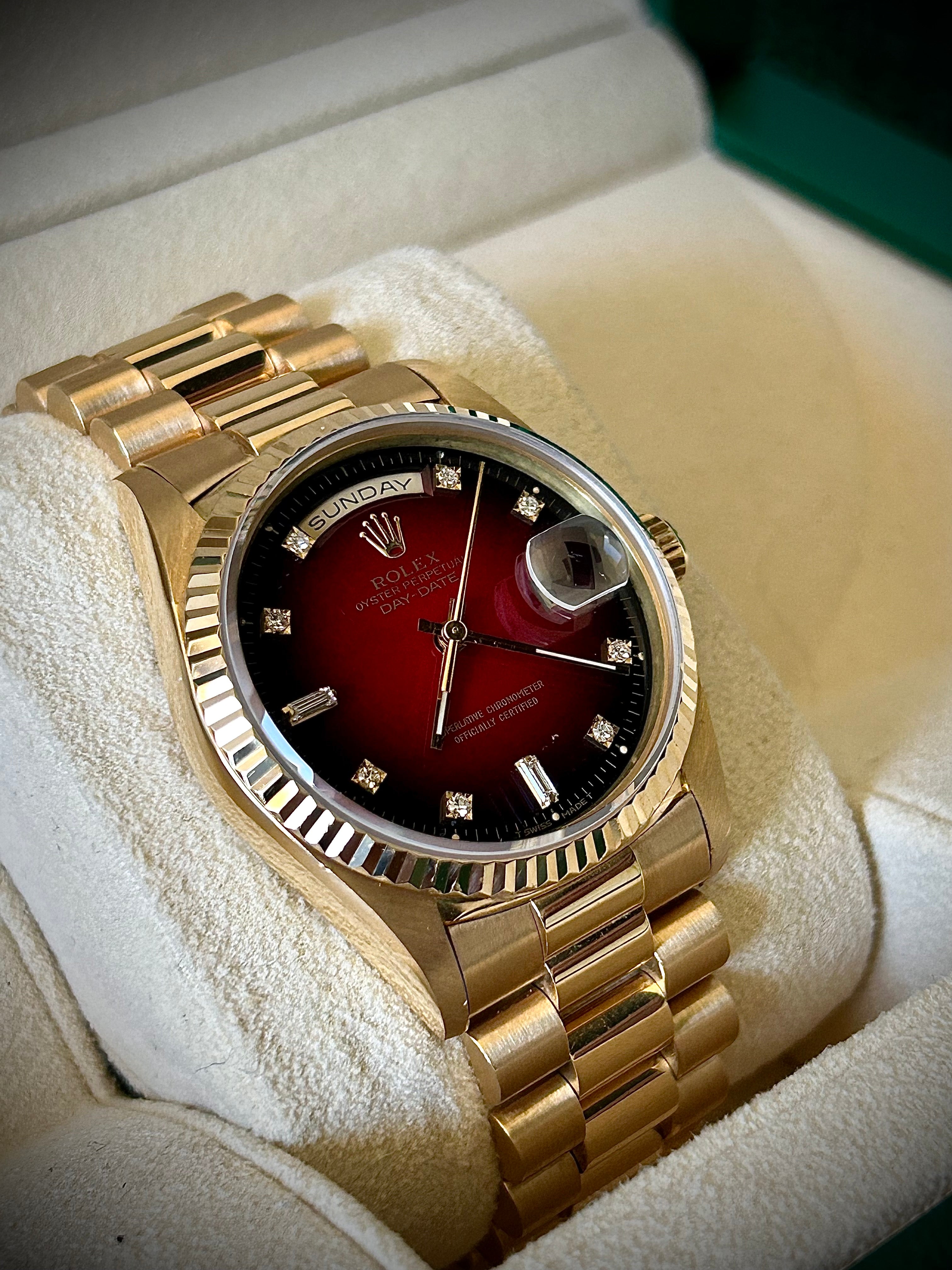 1988 ROLEX DAY-DATE, 18238, DOUBLE QUICK SET, RARE DIAMOND VIGNETTE DIAL, WATCH AND BOX, INC GST