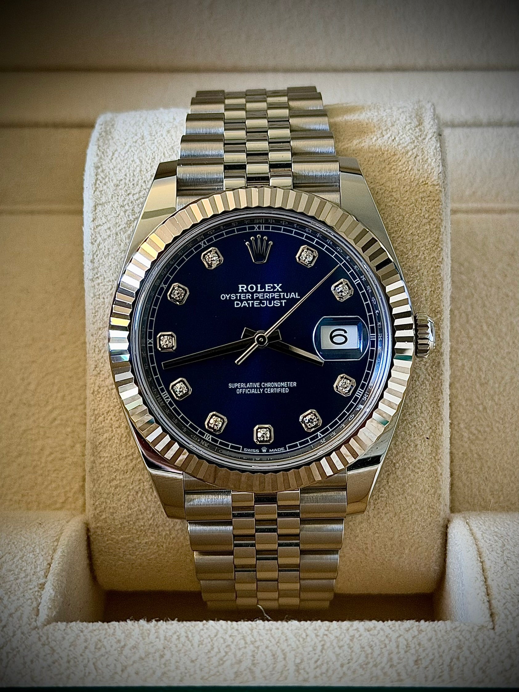 2023 ROLEX DATEJUST 41, FLUTED BEZEL, JUBILEE BRACELET, BLUE DIAMOND DIAL, FULL SET, INC GST
