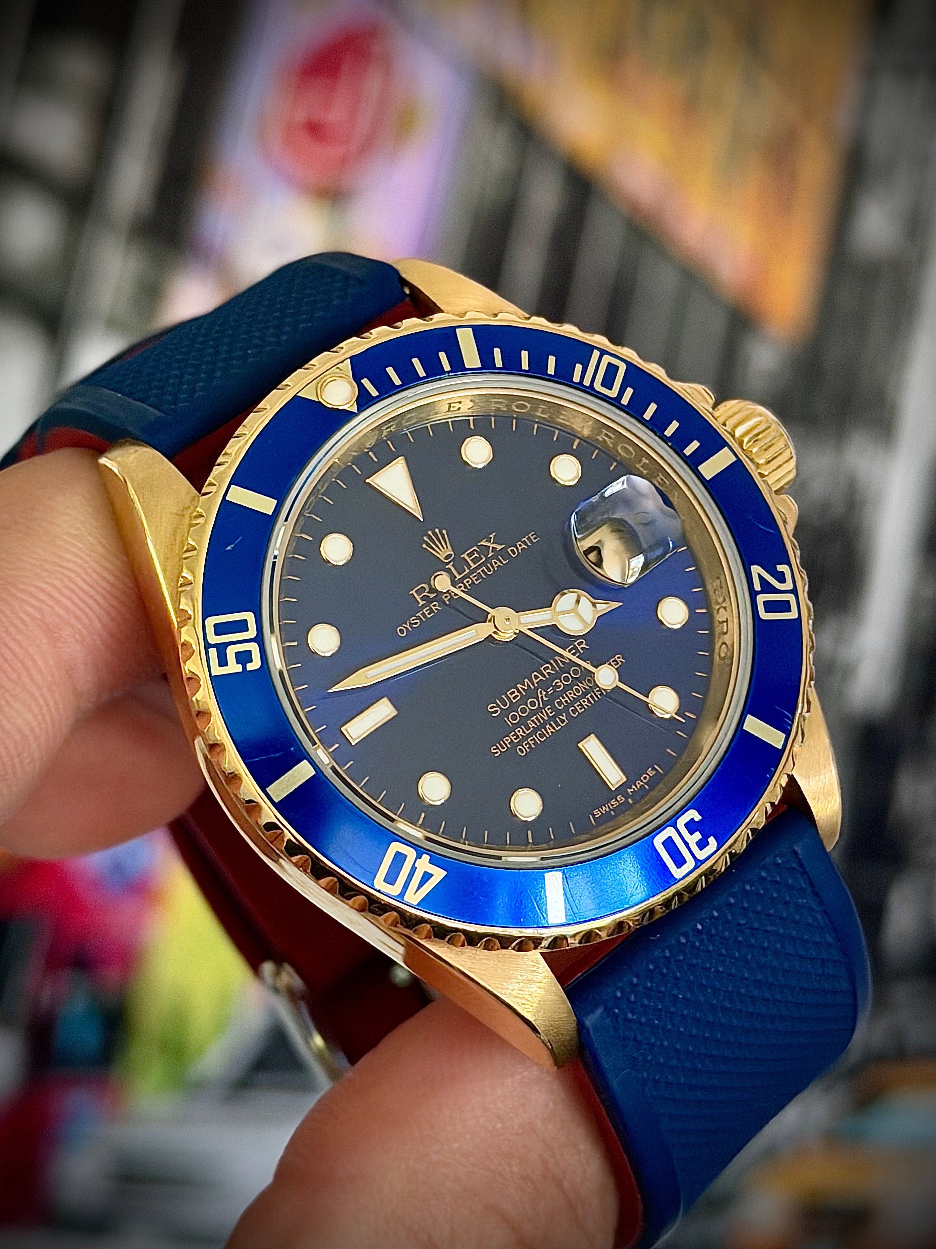2007 ROLEX SUBMARINER DATE, 16618LB, ENGRAVED REHAUT, BOX AND PAPERS, INC GST