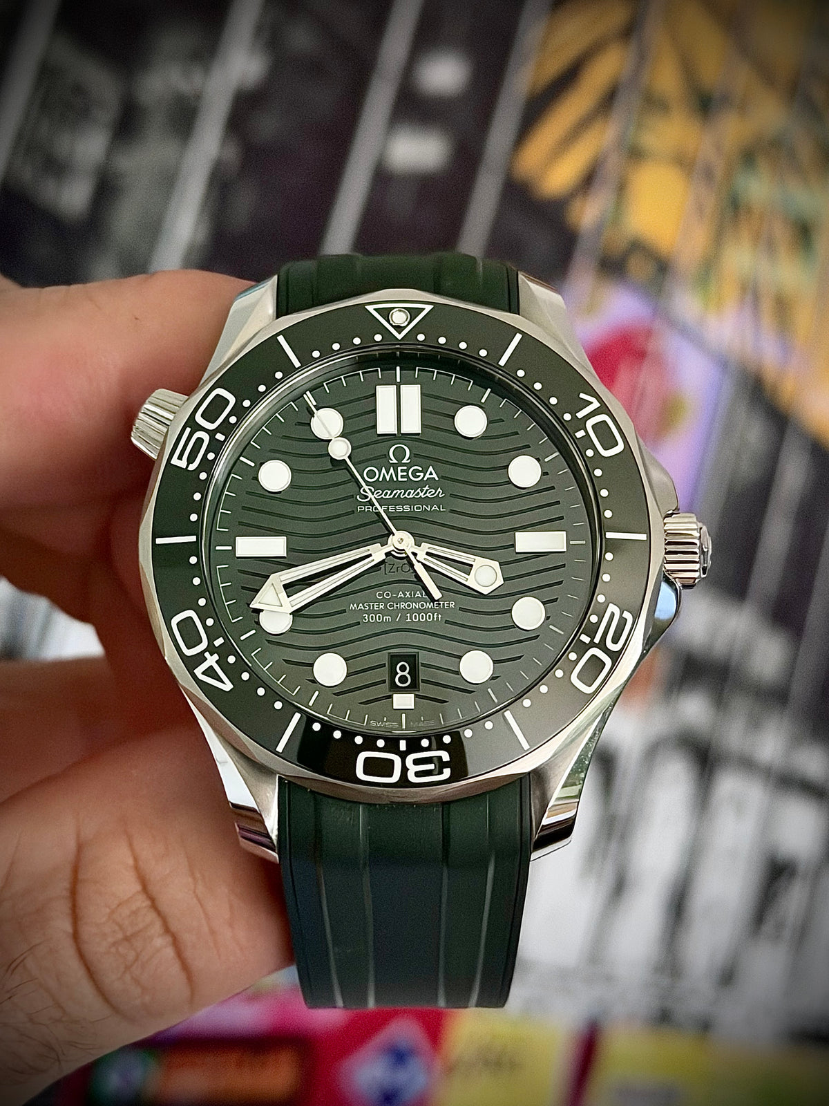 2023 OMEGA SEAMASTER DIVER 300M, 210.32.42.20.10.001, GREEN DIAL, RUBBER STRAP, BOX AND CARDS, INC GST