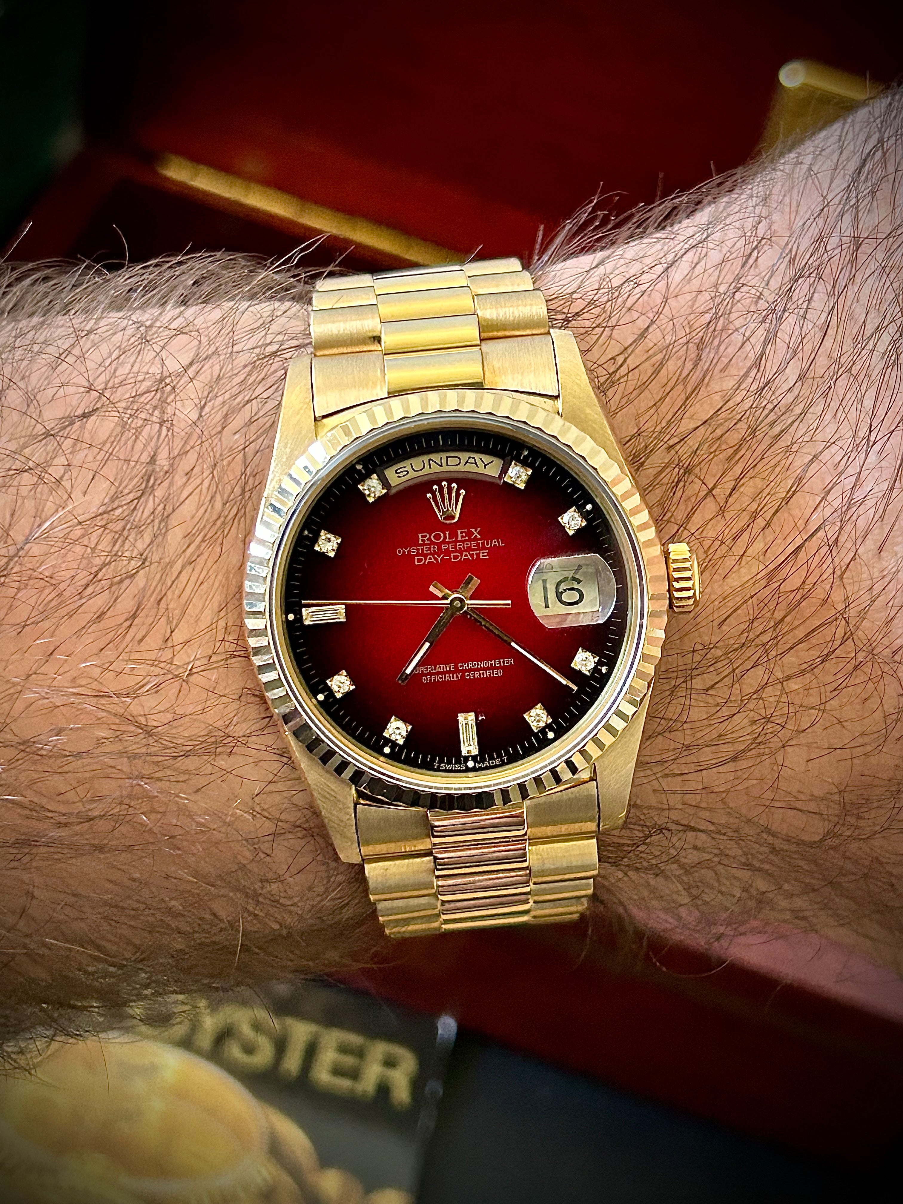 1988 ROLEX DAY-DATE, 18238, DOUBLE QUICK SET, RARE DIAMOND VIGNETTE DIAL, WATCH AND BOX, INC GST
